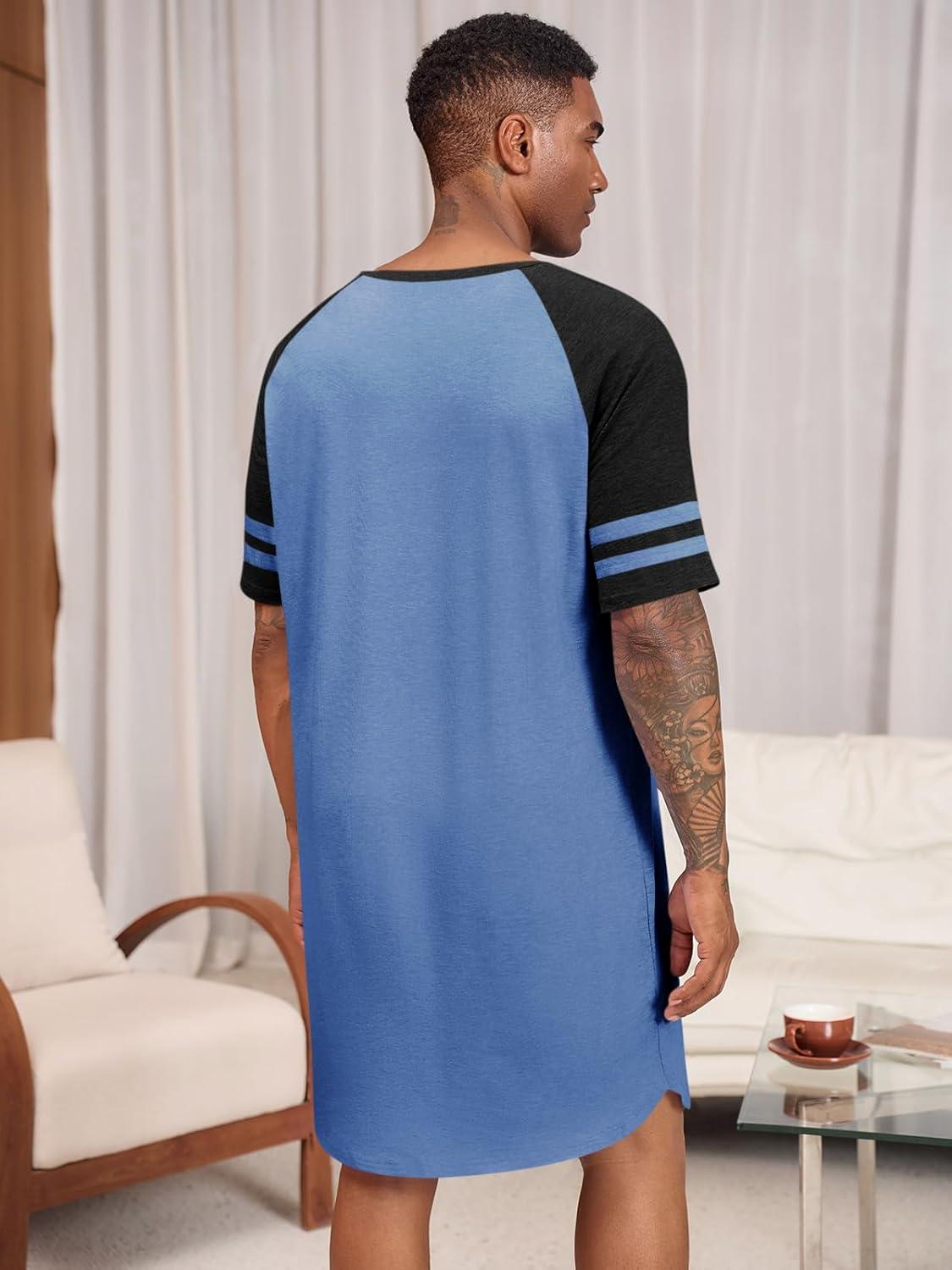 imageRuncati Mens Nightshirt Short Sleeve V Neck Nightgown Color Block Loose Fit Comfy Lounge Pajama SleepwearNavy