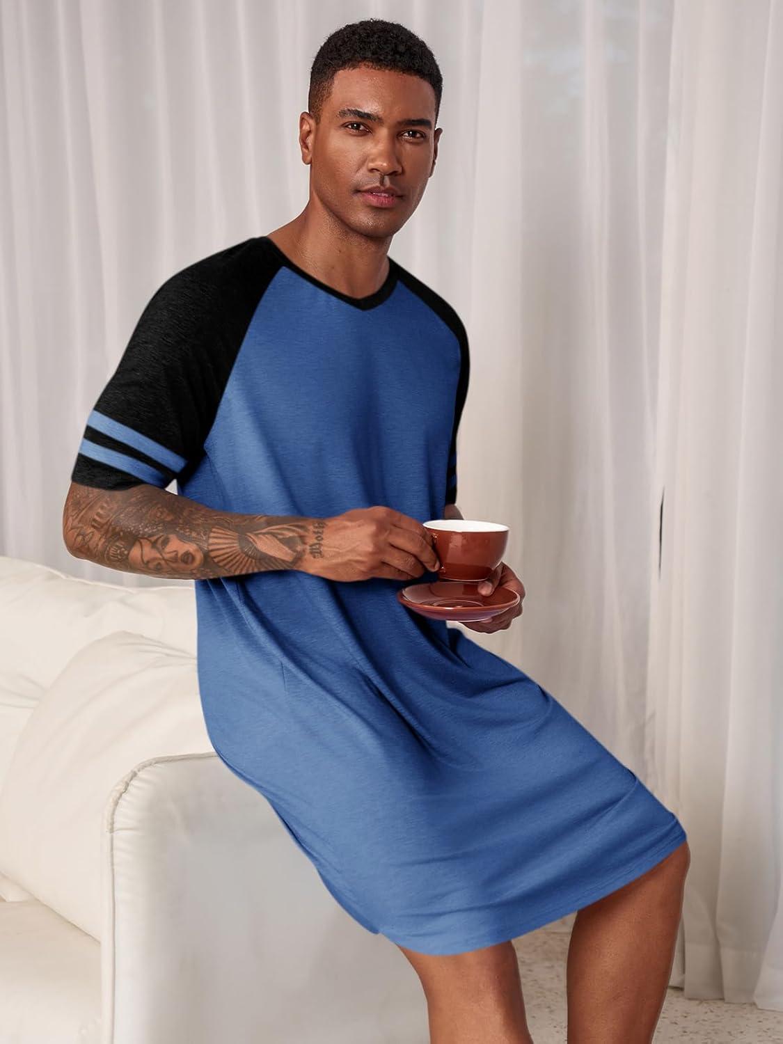 imageRuncati Mens Nightshirt Short Sleeve V Neck Nightgown Color Block Loose Fit Comfy Lounge Pajama SleepwearNavy