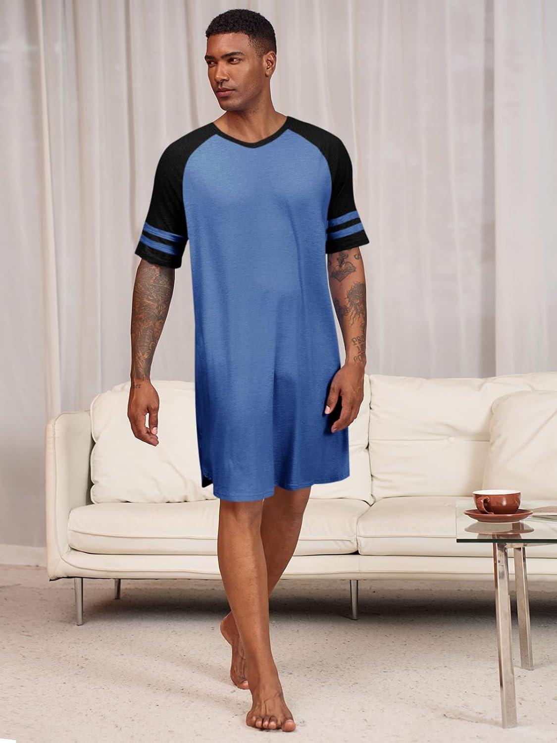 imageRuncati Mens Nightshirt Short Sleeve V Neck Nightgown Color Block Loose Fit Comfy Lounge Pajama SleepwearNavy