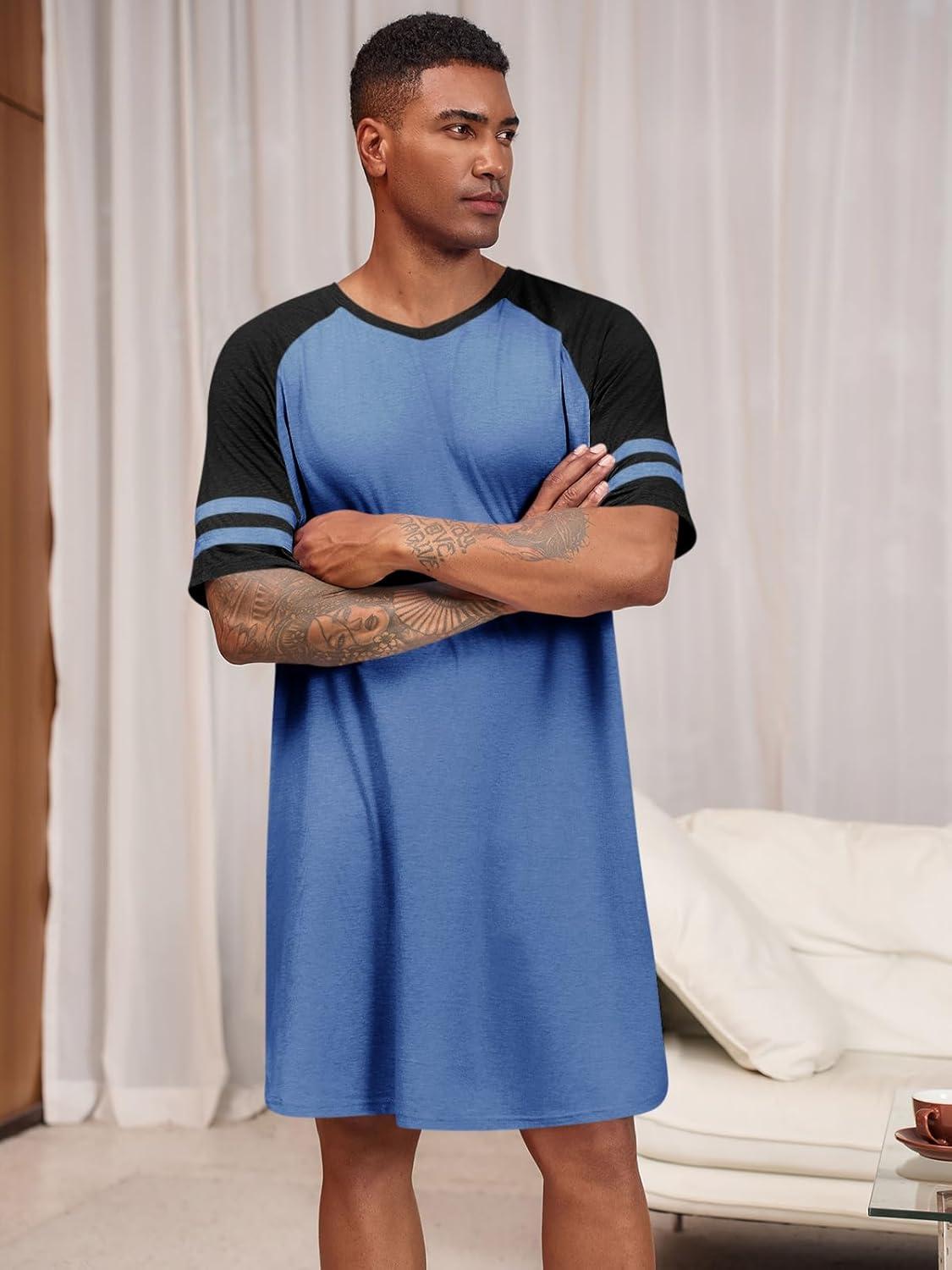 imageRuncati Mens Nightshirt Short Sleeve V Neck Nightgown Color Block Loose Fit Comfy Lounge Pajama SleepwearNavy