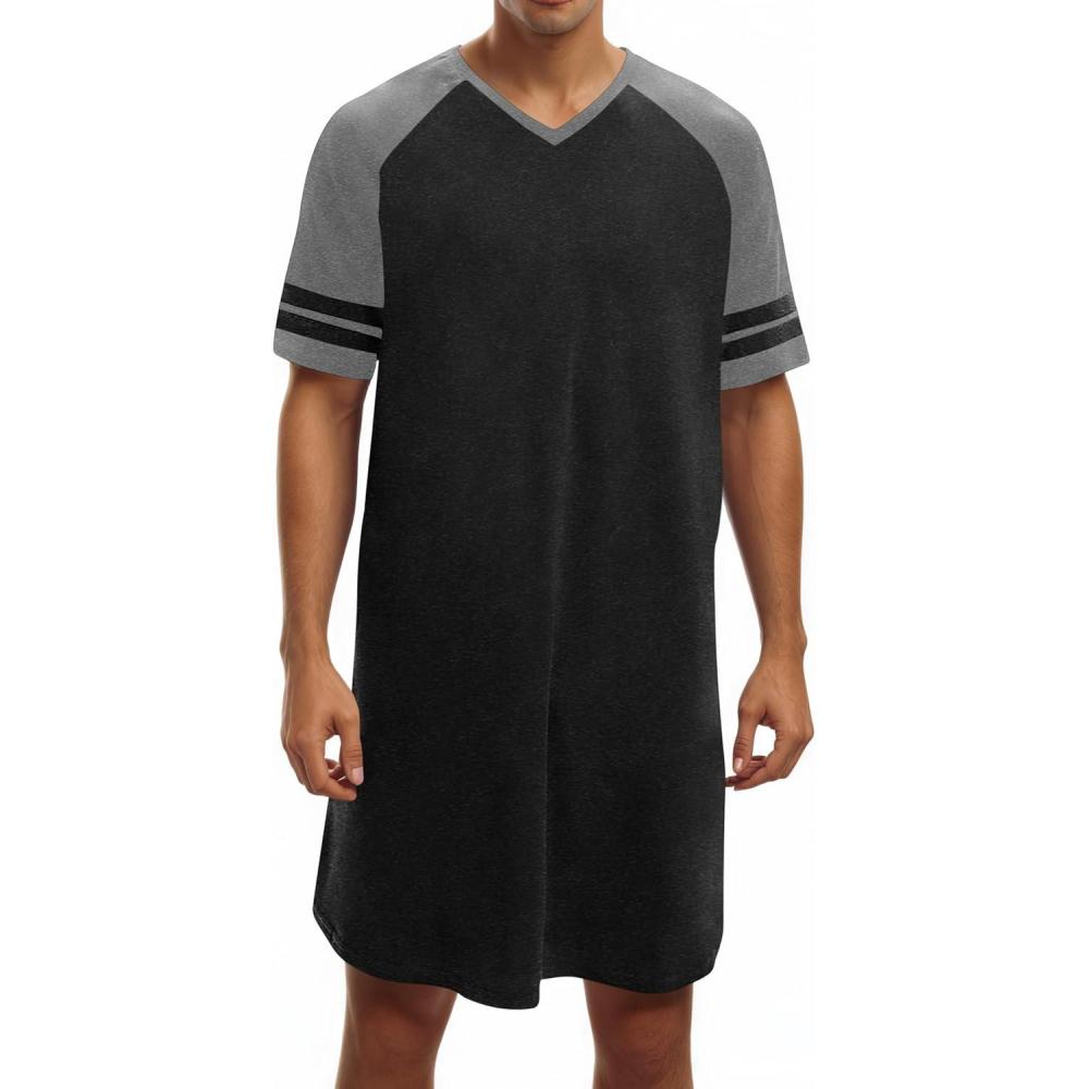 imageRuncati Mens Nightshirt Short Sleeve V Neck Nightgown Color Block Loose Fit Comfy Lounge Pajama SleepwearBlack