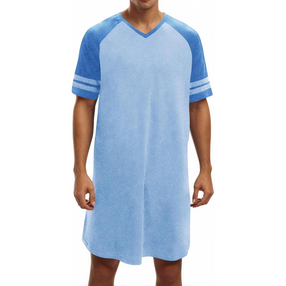 imageRuncati Mens Nightshirt Short Sleeve V Neck Nightgown Color Block Loose Fit Comfy Lounge Pajama SleepwearBlue