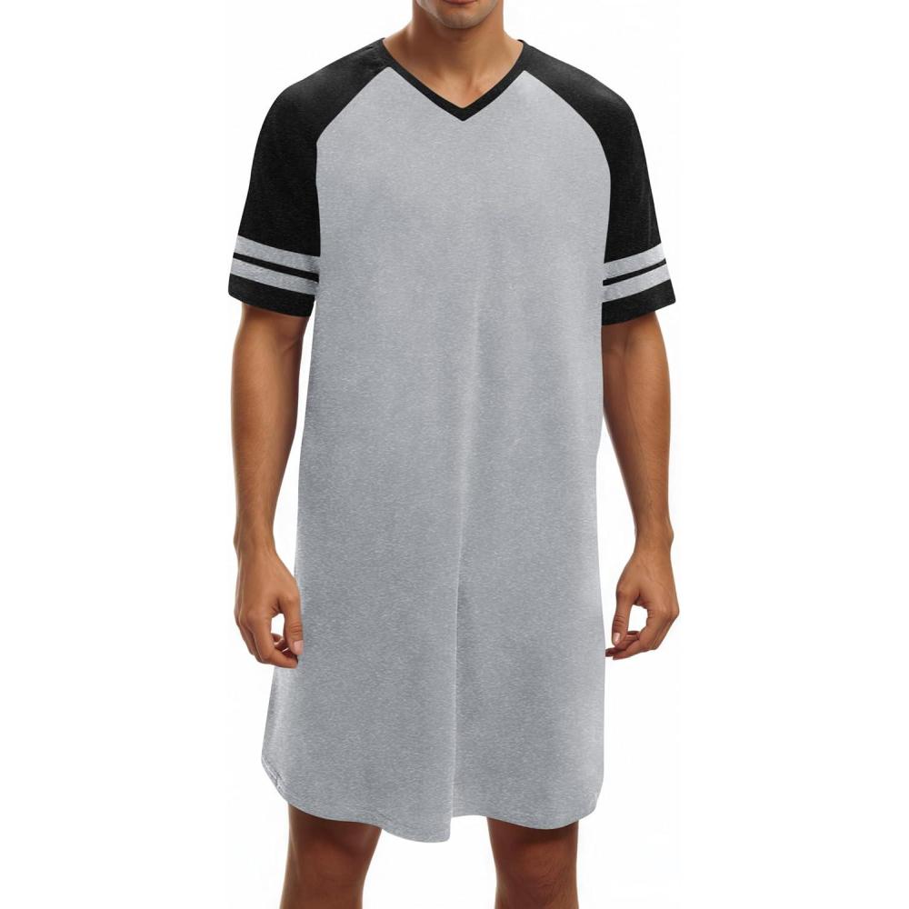 imageRuncati Mens Nightshirt Short Sleeve V Neck Nightgown Color Block Loose Fit Comfy Lounge Pajama SleepwearGrey