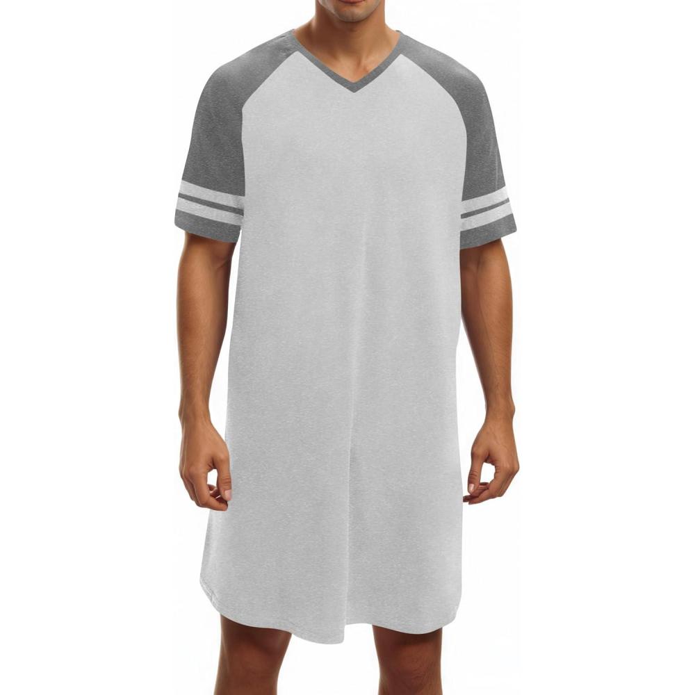 imageRuncati Mens Nightshirt Short Sleeve V Neck Nightgown Color Block Loose Fit Comfy Lounge Pajama SleepwearLight Grey