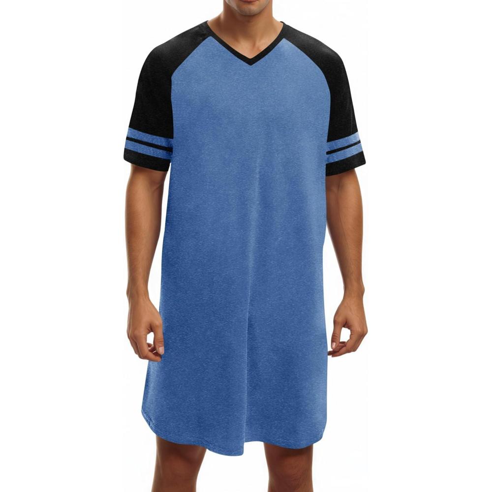 imageRuncati Mens Nightshirt Short Sleeve V Neck Nightgown Color Block Loose Fit Comfy Lounge Pajama SleepwearNavy