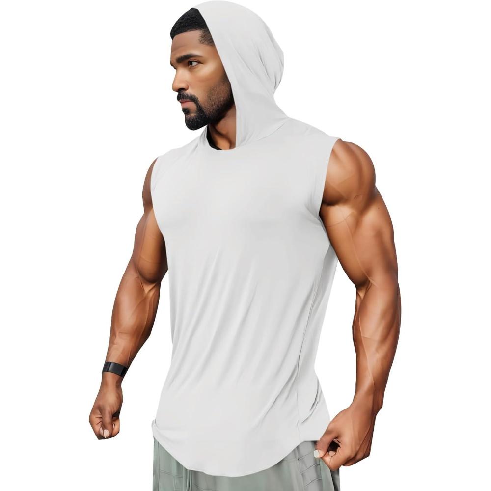 imageRuncati Mens Sleeveless Hoodies Workout Hooded Tank Tops Muscle Gym Bodybuilding Fitness Training T ShirtsWhite