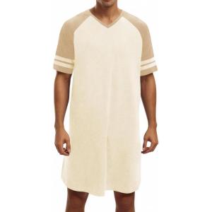 Runcati Mens Nightshirt Short Sleeve V Neck Nightgown Color Block Loose Fit Comfy Lounge Pajama Sleepwear(Apricot)