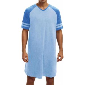 Runcati Mens Nightshirt Short Sleeve V Neck Nightgown Color Block Loose Fit Comfy Lounge Pajama Sleepwear(Blue)