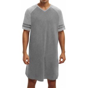 Runcati Mens Nightshirt Short Sleeve V Neck Nightgown Color Block Loose Fit Comfy Lounge Pajama Sleepwear(Dark Grey)