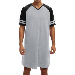 Runcati Mens Nightshirt Short Sleeve V Neck Nightgown Color Block Loose Fit Comfy Lounge Pajama Sleepwear(Grey)