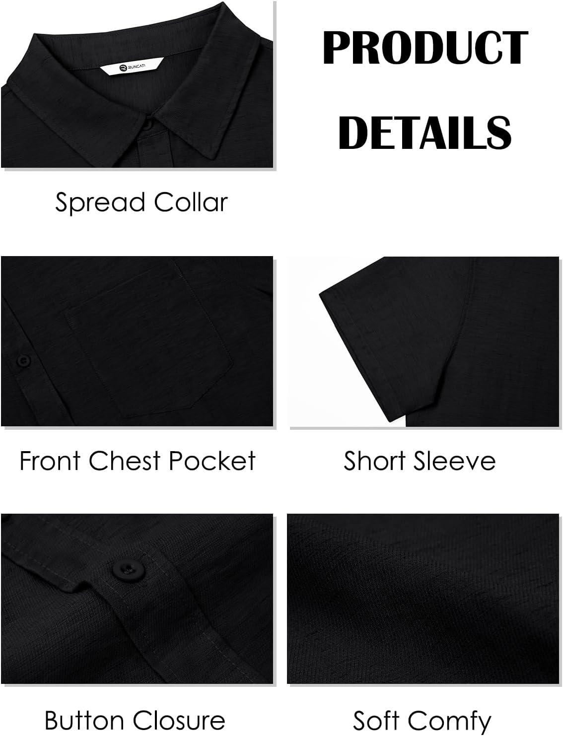 imageRuncati Mens Button Down Linen Shirt Short Sleeve Casual Vacation Shirts Summer Beach Wedding Tops with PocketBlack