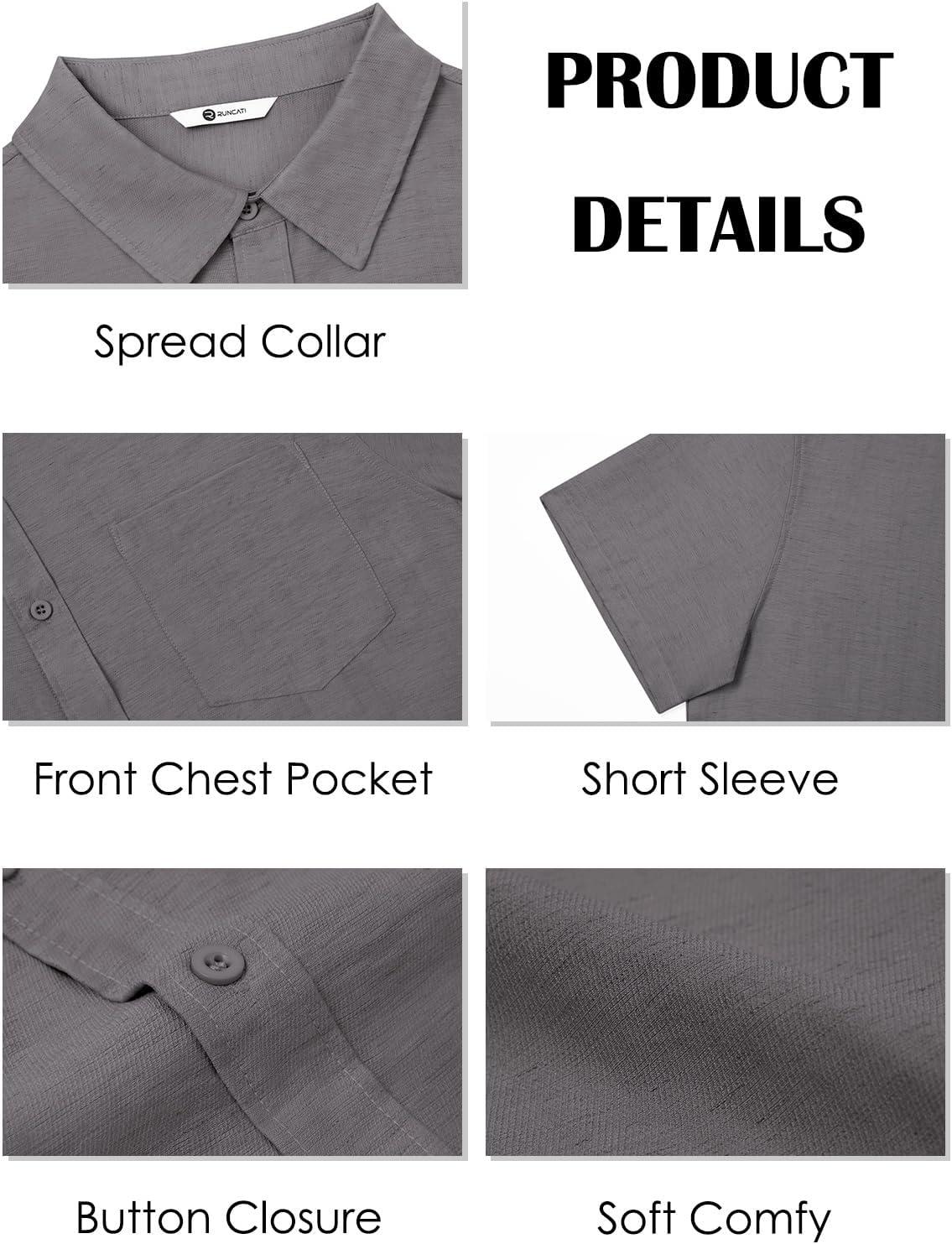 imageRuncati Mens Button Down Linen Shirt Short Sleeve Casual Vacation Shirts Summer Beach Wedding Tops with PocketGray