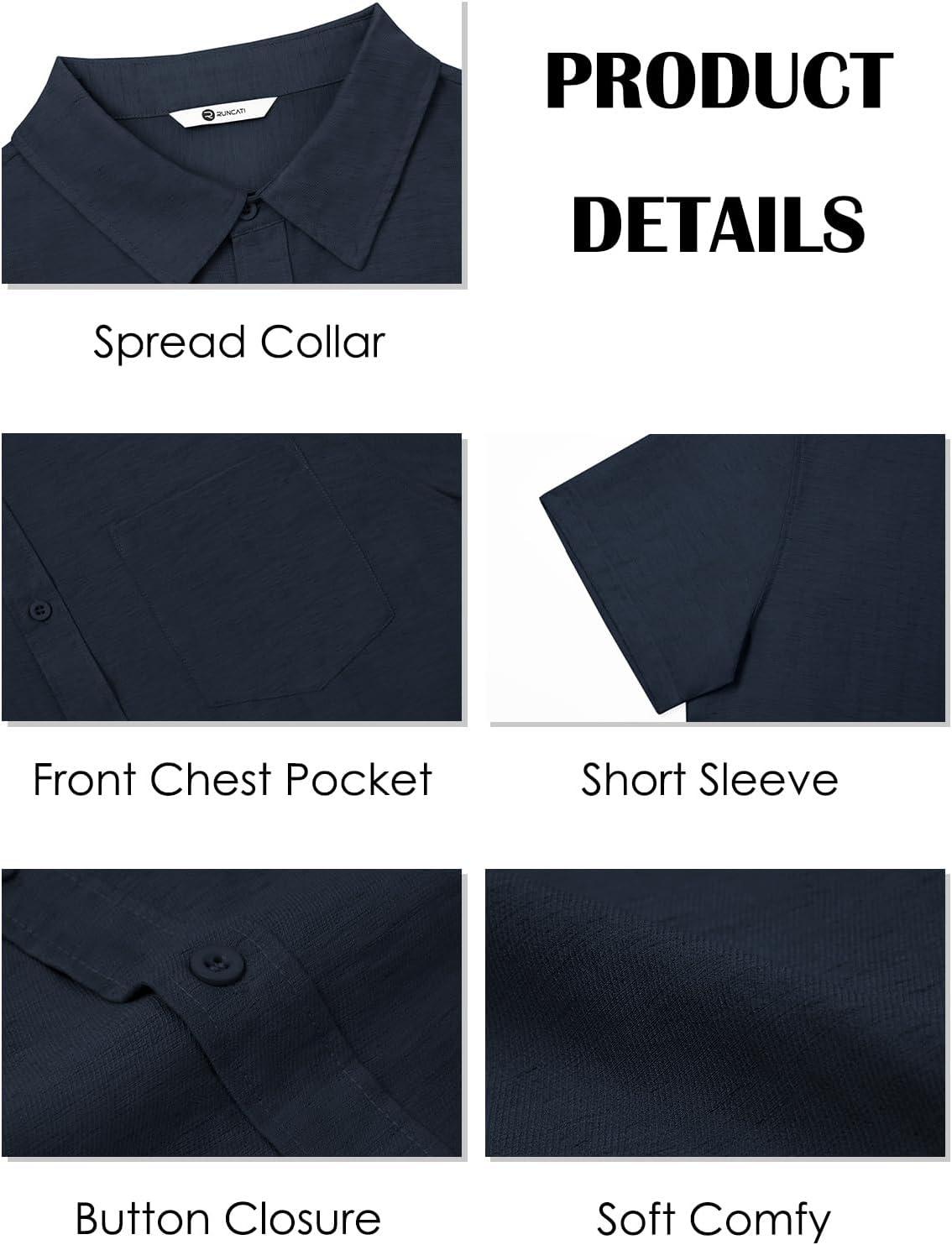 imageRuncati Mens Button Down Linen Shirt Short Sleeve Casual Vacation Shirts Summer Beach Wedding Tops with PocketNavy