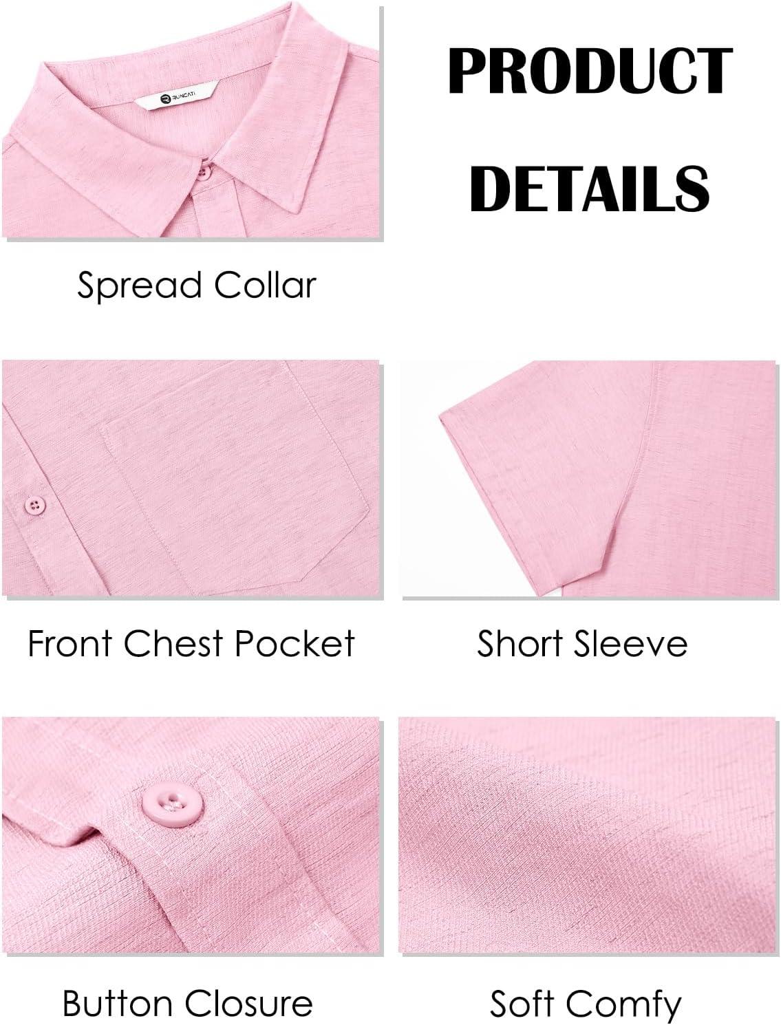 imageRuncati Mens Button Down Linen Shirt Short Sleeve Casual Vacation Shirts Summer Beach Wedding Tops with PocketPink