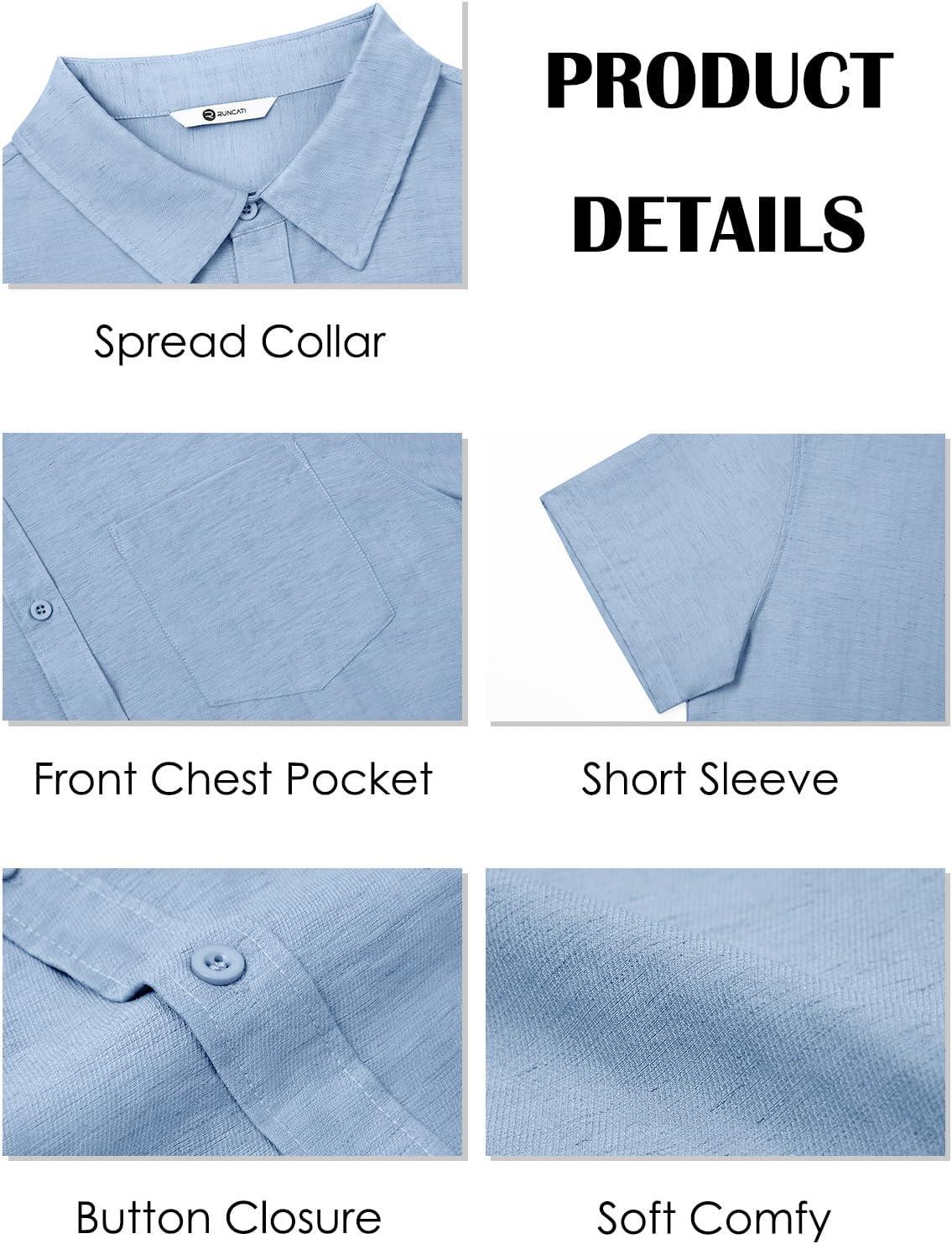 imageRuncati Mens Button Down Linen Shirt Short Sleeve Casual Vacation Shirts Summer Beach Wedding Tops with PocketSky Blue