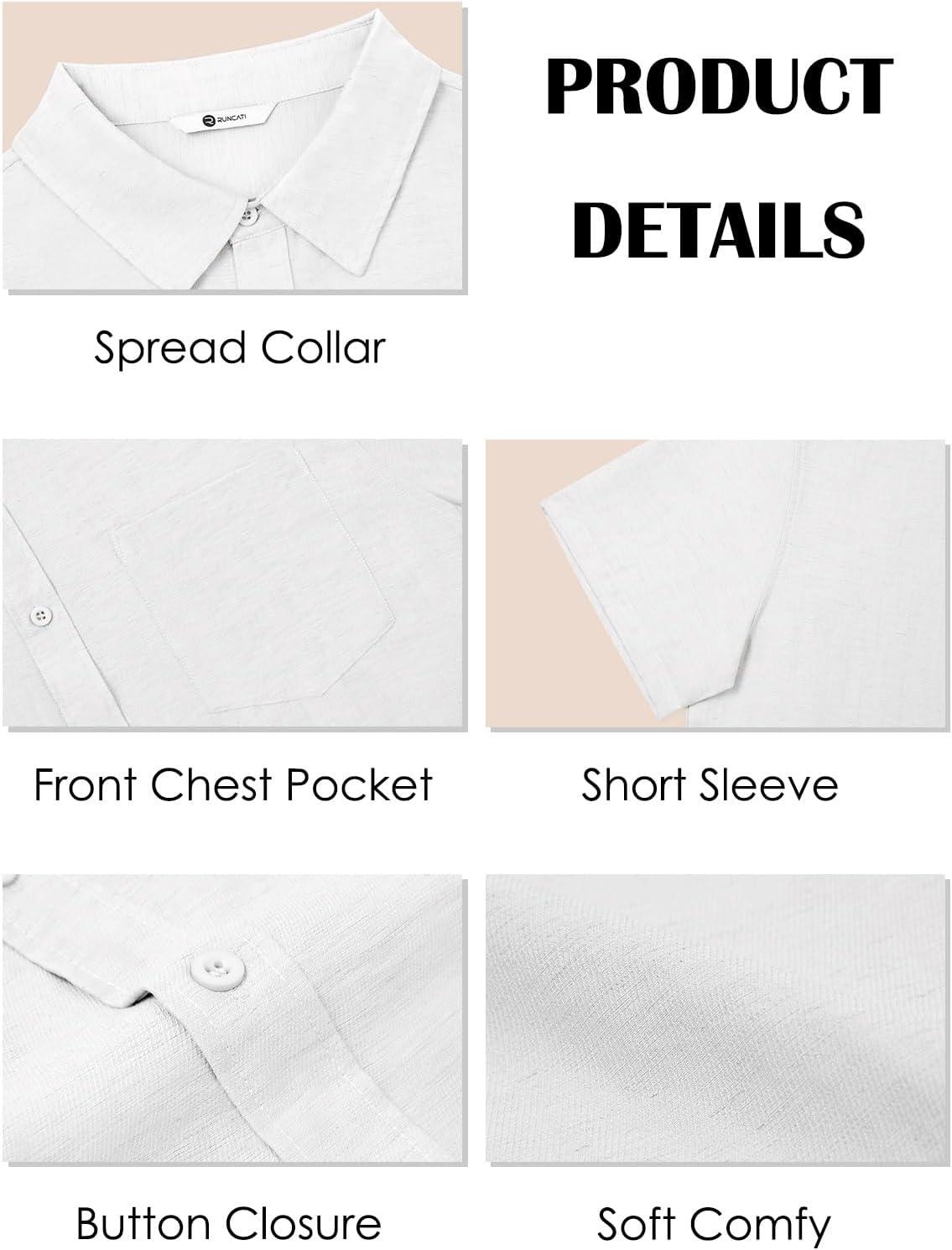 imageRuncati Mens Button Down Linen Shirt Short Sleeve Casual Vacation Shirts Summer Beach Wedding Tops with PocketWhite
