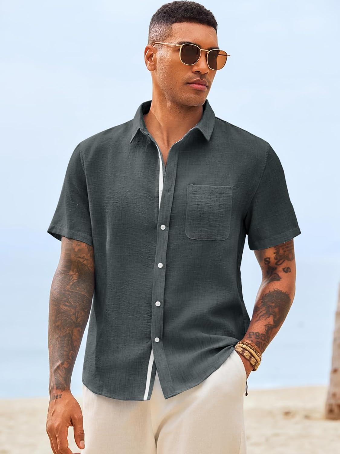 imageRuncati Mens Button Down Shirts Casual Short Sleeve Linen Shirt Summer Beach Wedding Tops with PocketBlack