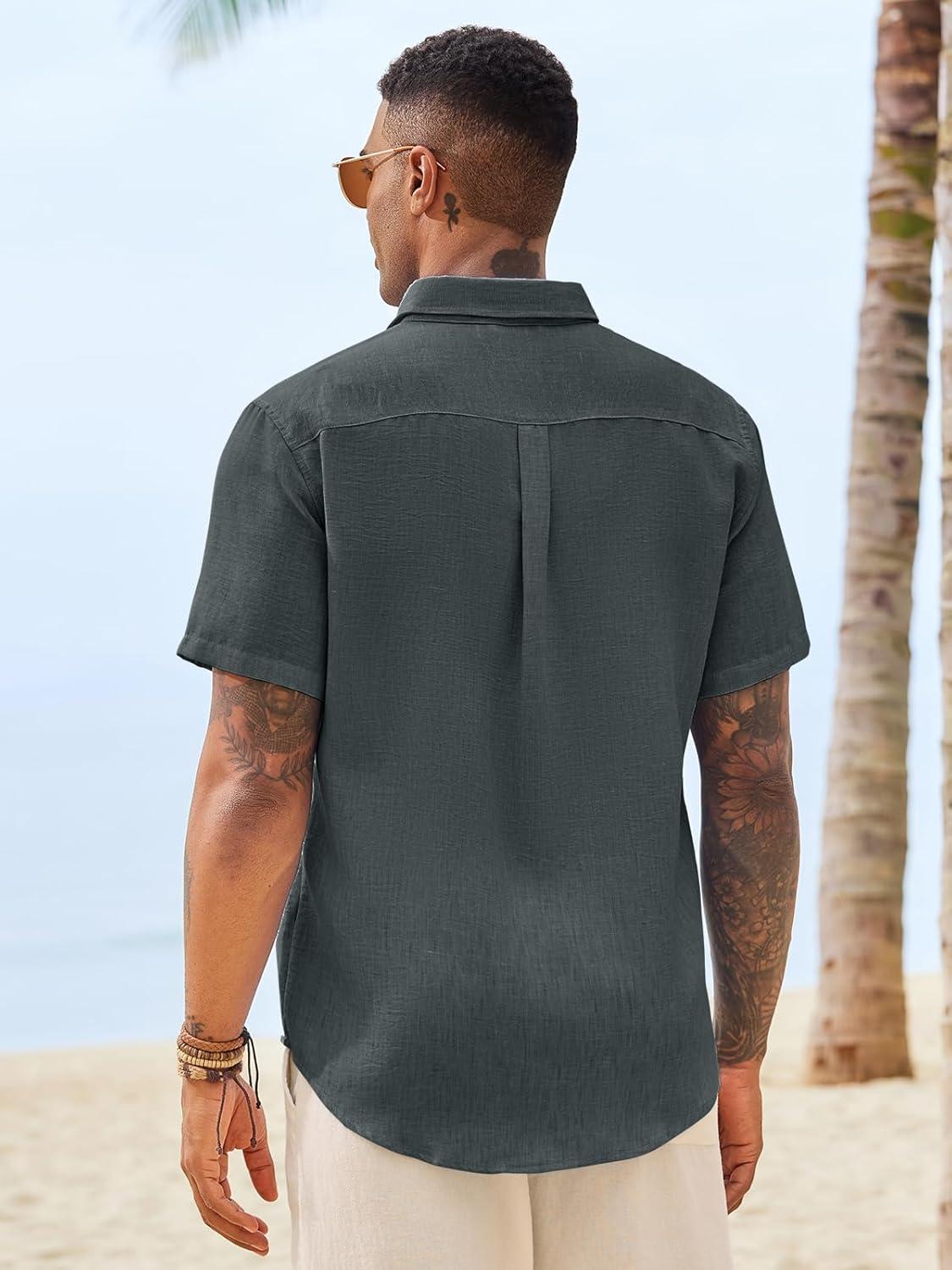 imageRuncati Mens Button Down Shirts Casual Short Sleeve Linen Shirt Summer Beach Wedding Tops with PocketBlack