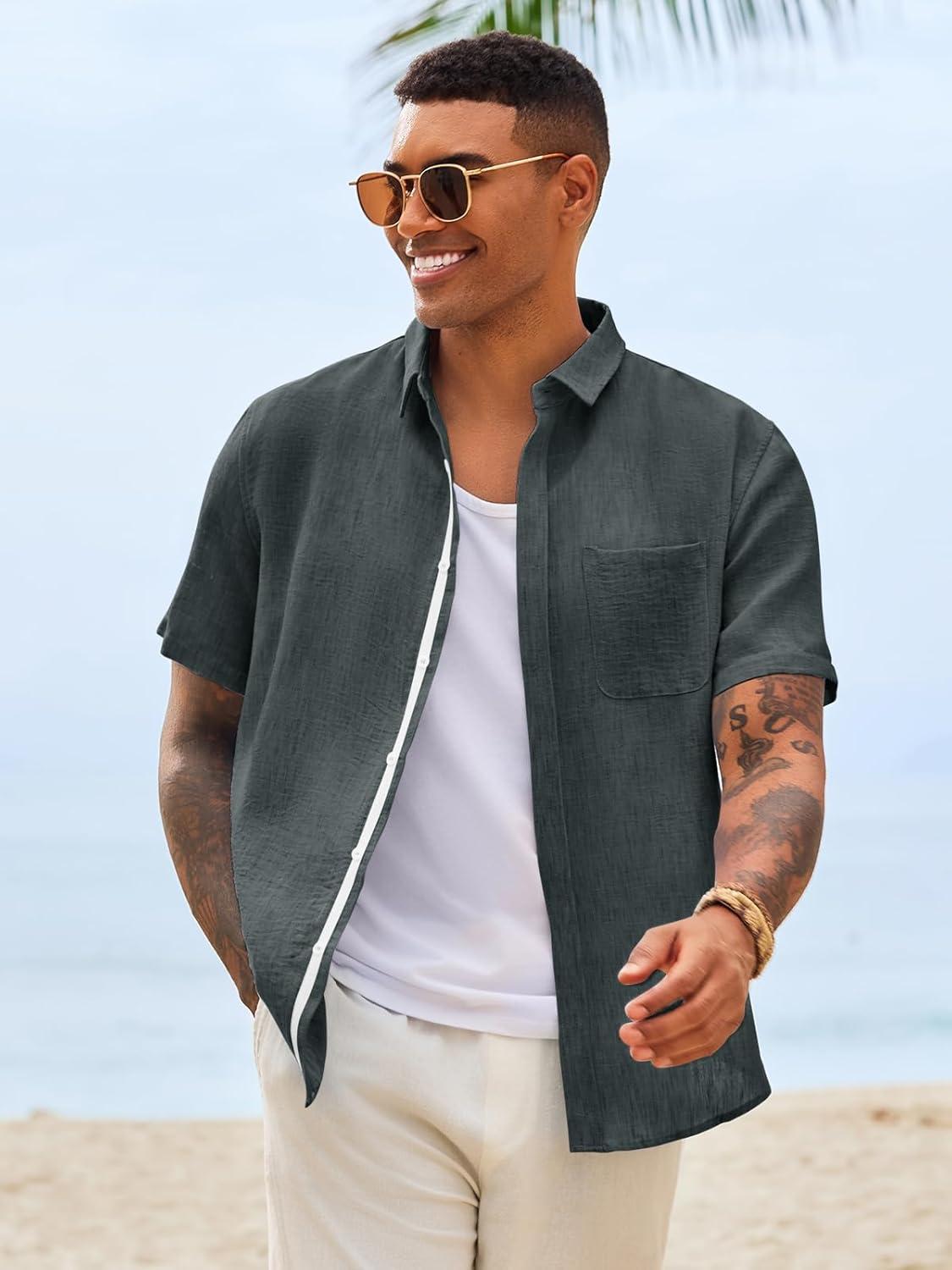 imageRuncati Mens Button Down Shirts Casual Short Sleeve Linen Shirt Summer Beach Wedding Tops with PocketBlack