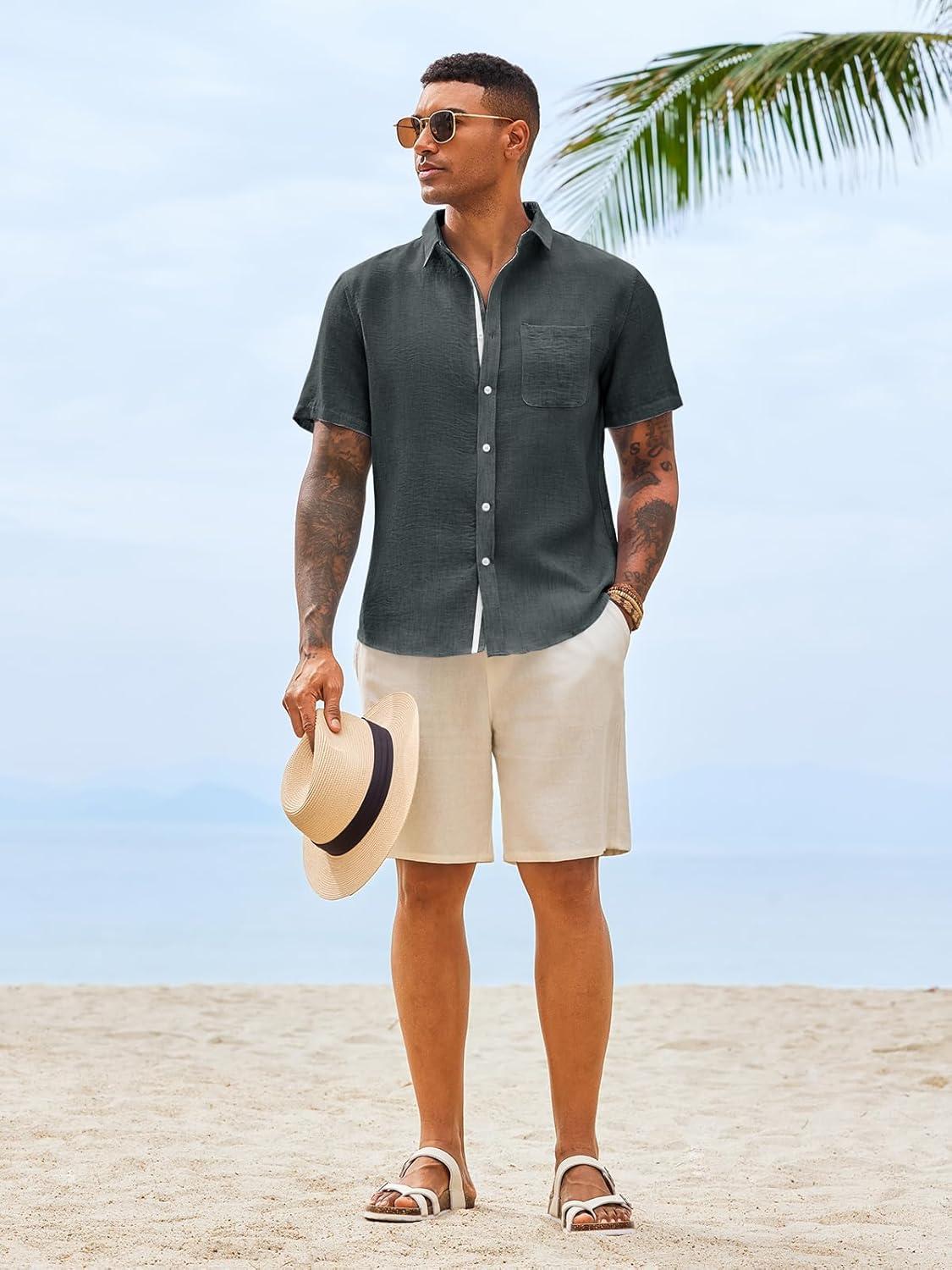 imageRuncati Mens Button Down Shirts Casual Short Sleeve Linen Shirt Summer Beach Wedding Tops with PocketBlack