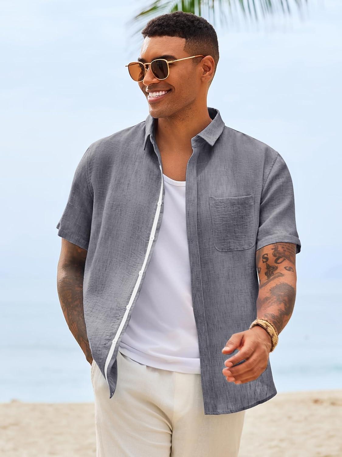 imageRuncati Mens Button Down Shirts Casual Short Sleeve Linen Shirt Summer Beach Wedding Tops with PocketGrey