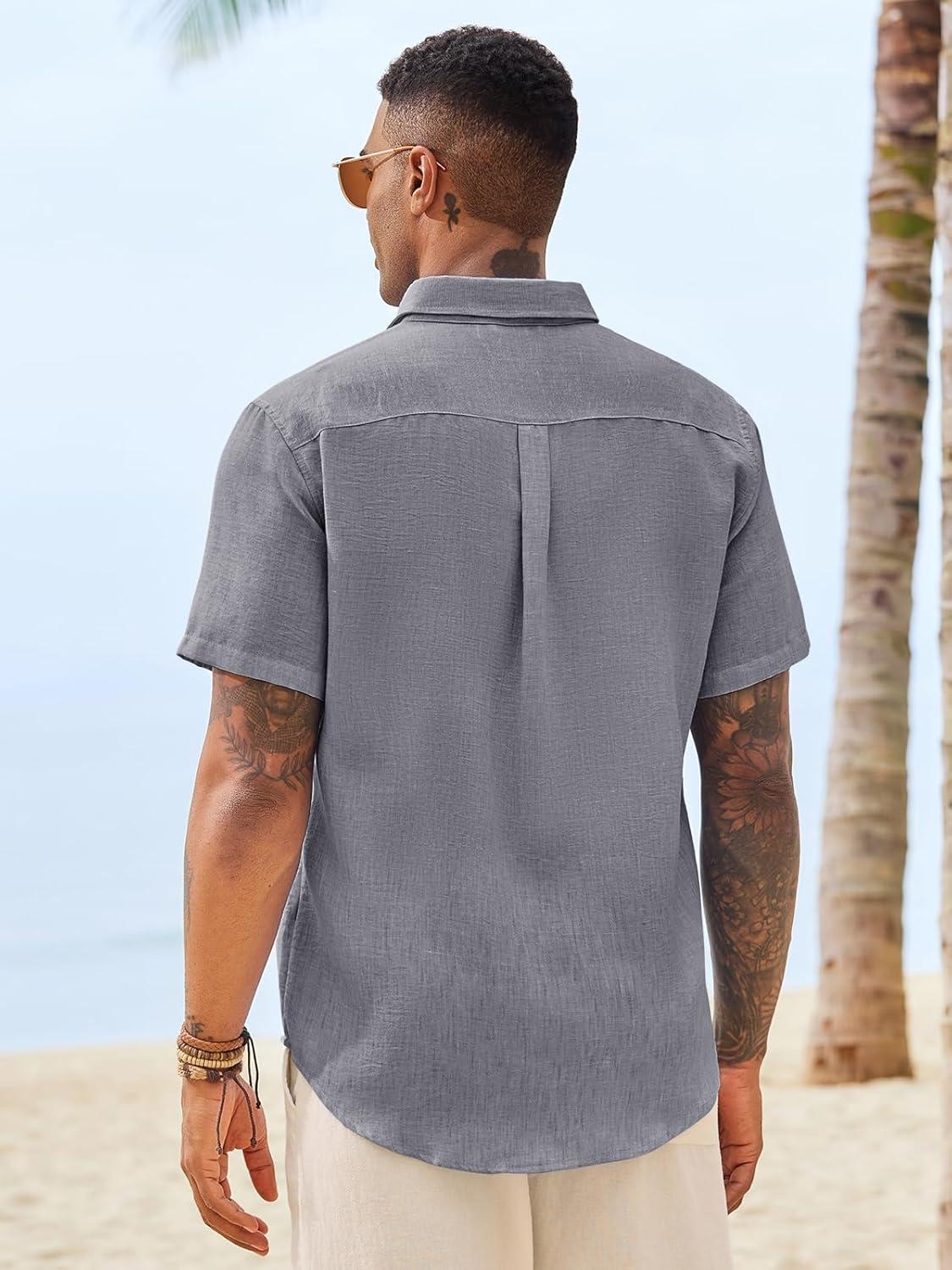 imageRuncati Mens Button Down Shirts Casual Short Sleeve Linen Shirt Summer Beach Wedding Tops with PocketGrey