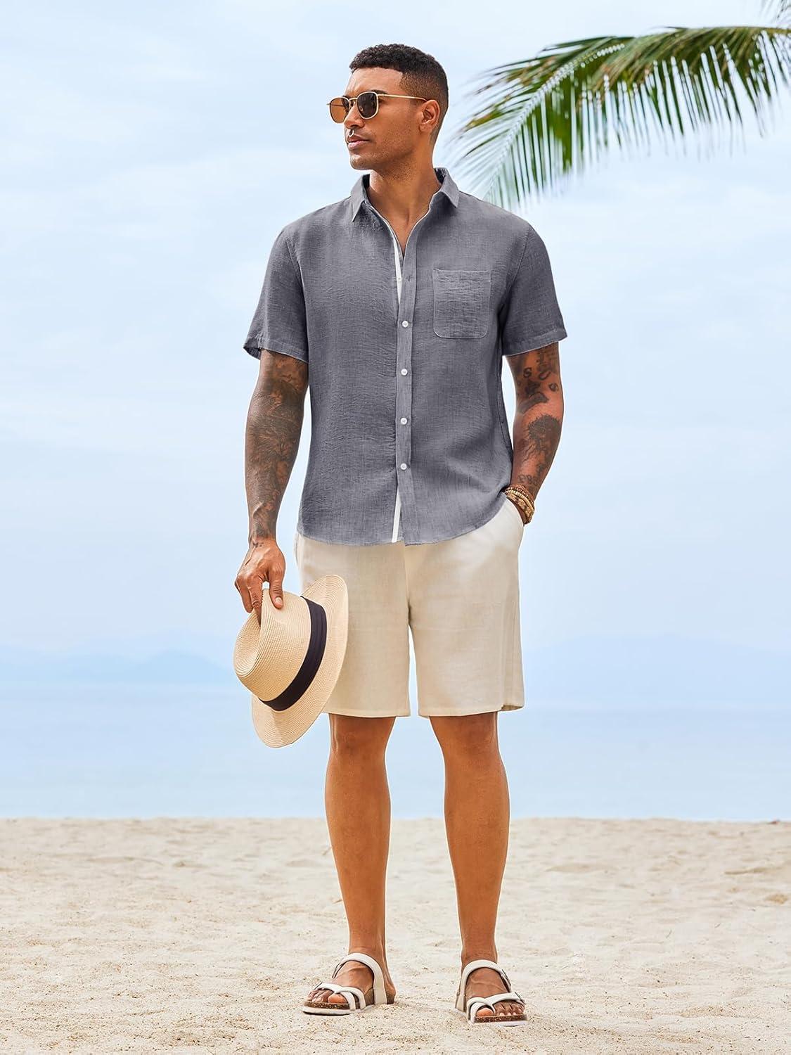 imageRuncati Mens Button Down Shirts Casual Short Sleeve Linen Shirt Summer Beach Wedding Tops with PocketGrey