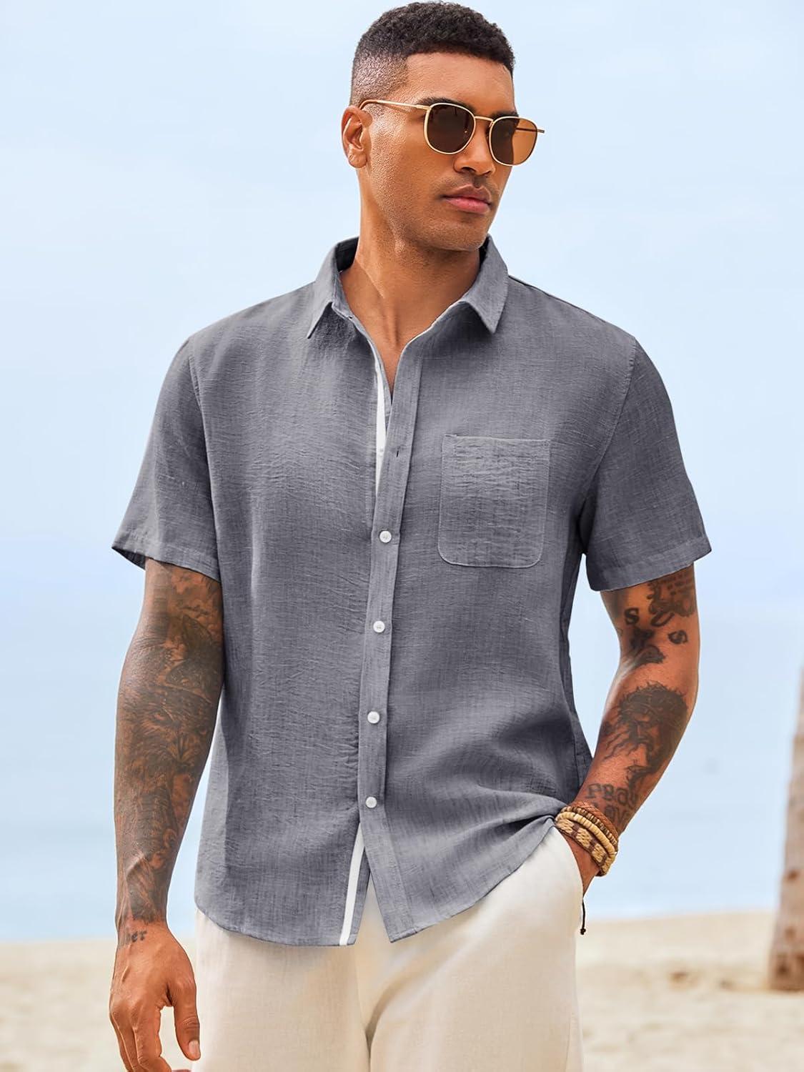 imageRuncati Mens Button Down Shirts Casual Short Sleeve Linen Shirt Summer Beach Wedding Tops with PocketGrey