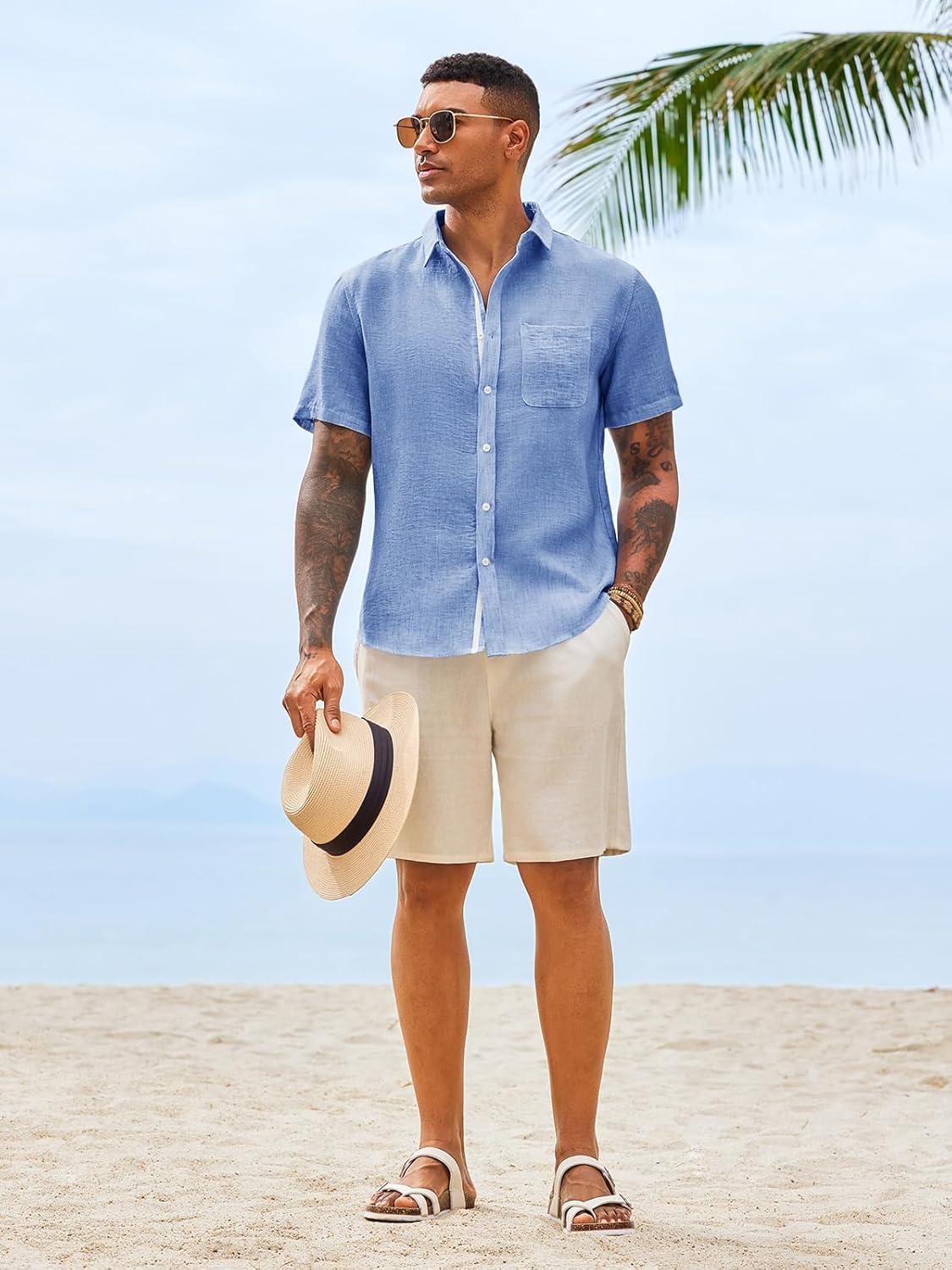 imageRuncati Mens Button Down Shirts Casual Short Sleeve Linen Shirt Summer Beach Wedding Tops with PocketJean Blue