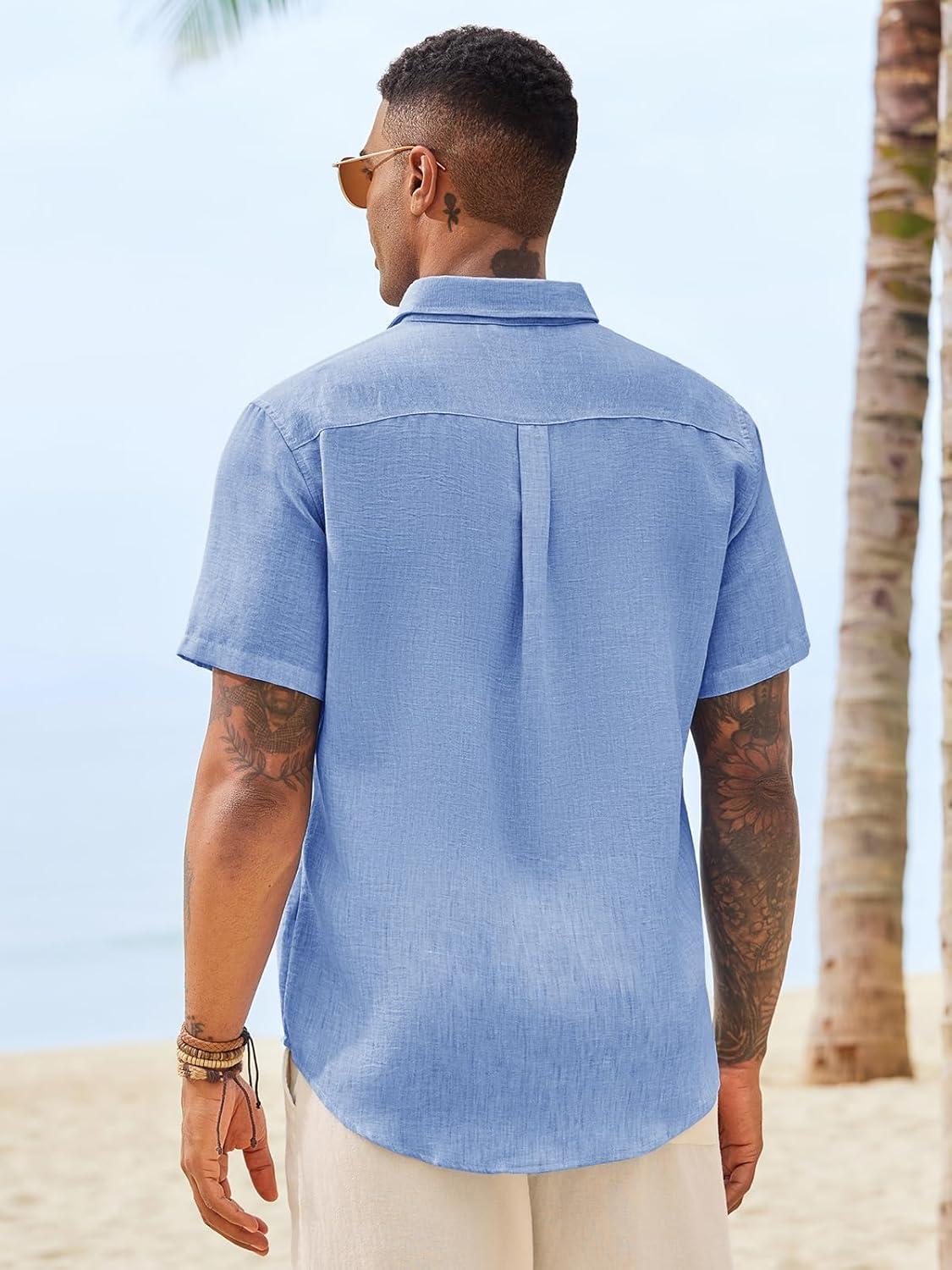imageRuncati Mens Button Down Shirts Casual Short Sleeve Linen Shirt Summer Beach Wedding Tops with PocketJean Blue
