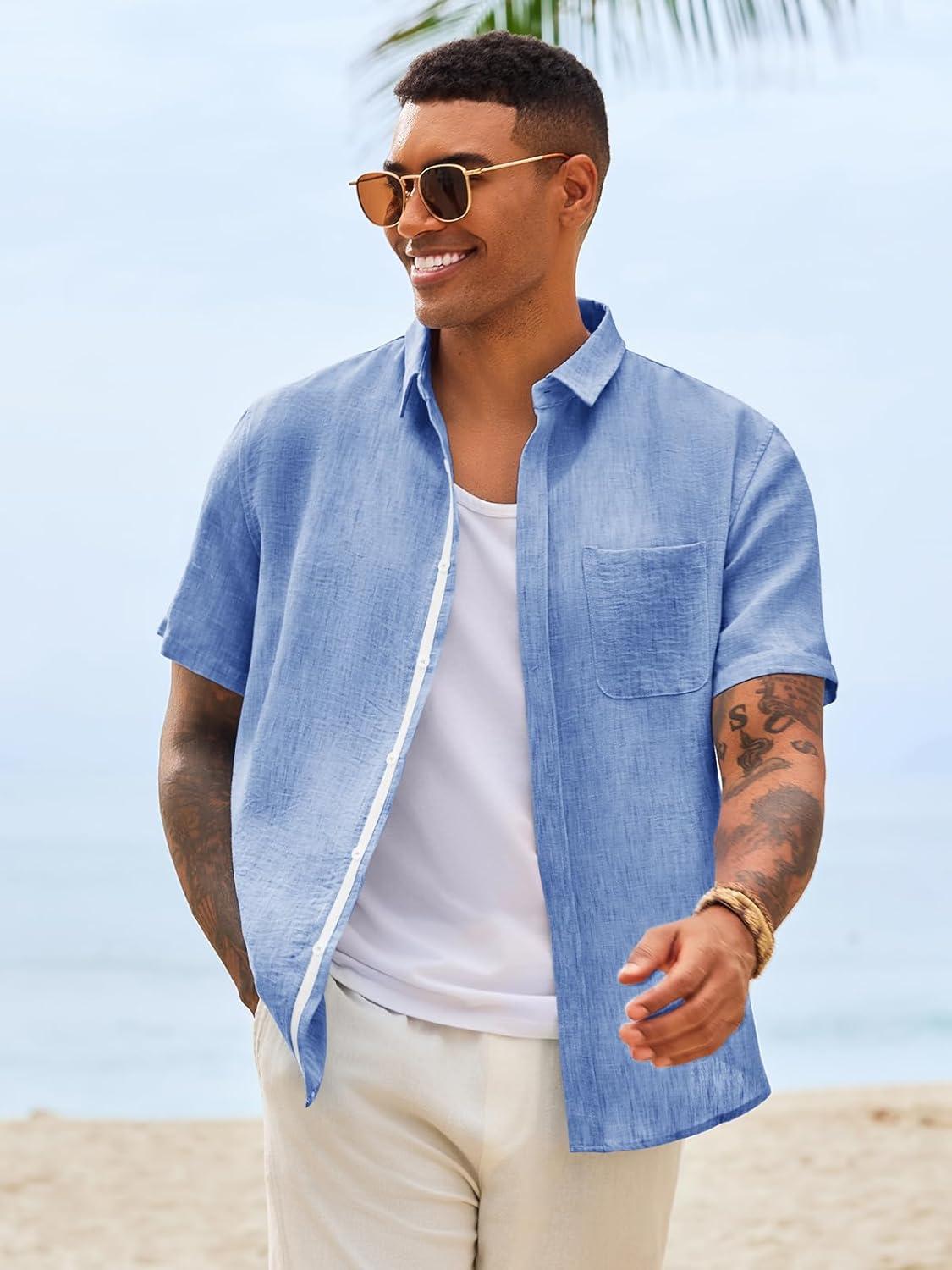 imageRuncati Mens Button Down Shirts Casual Short Sleeve Linen Shirt Summer Beach Wedding Tops with PocketJean Blue