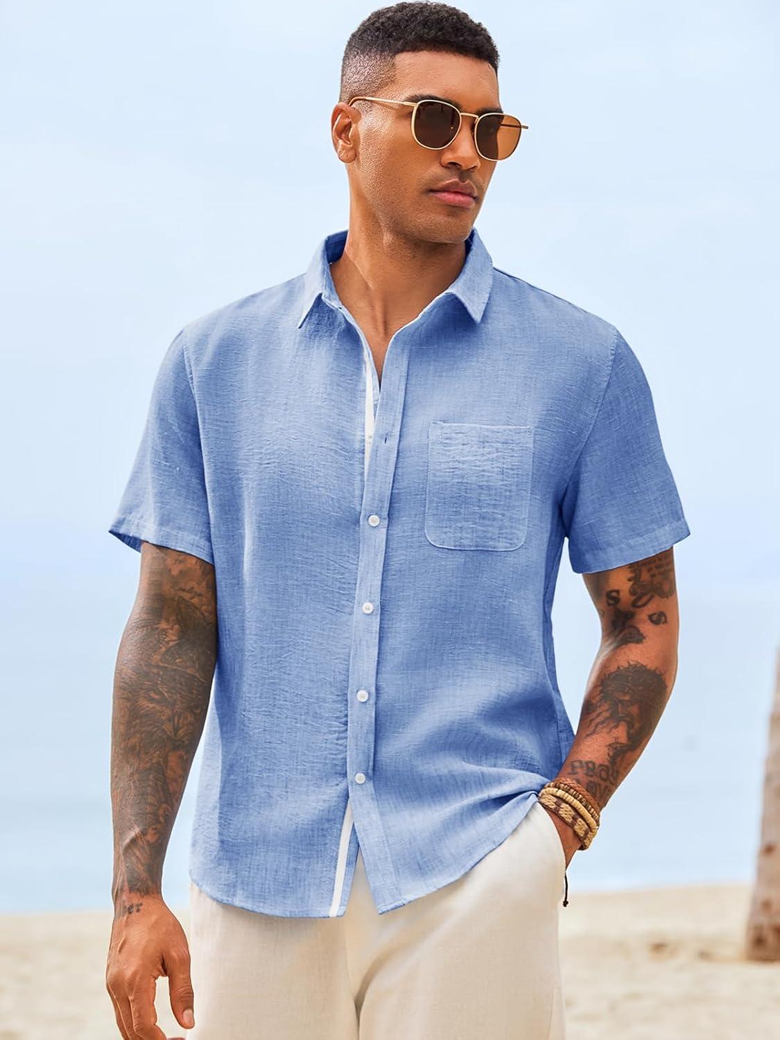 imageRuncati Mens Button Down Shirts Casual Short Sleeve Linen Shirt Summer Beach Wedding Tops with PocketJean Blue