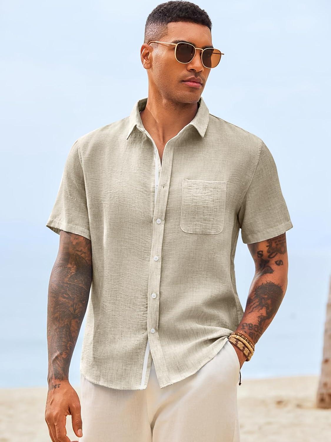 imageRuncati Mens Button Down Shirts Casual Short Sleeve Linen Shirt Summer Beach Wedding Tops with PocketKhaki