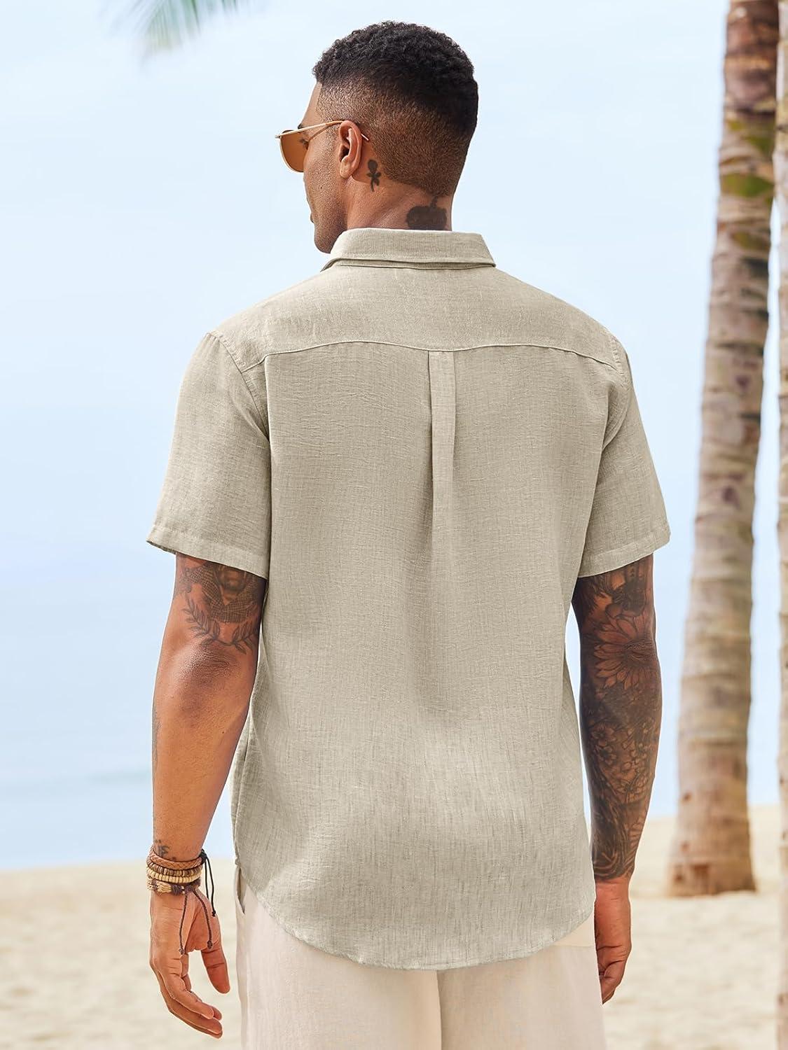 imageRuncati Mens Button Down Shirts Casual Short Sleeve Linen Shirt Summer Beach Wedding Tops with PocketKhaki