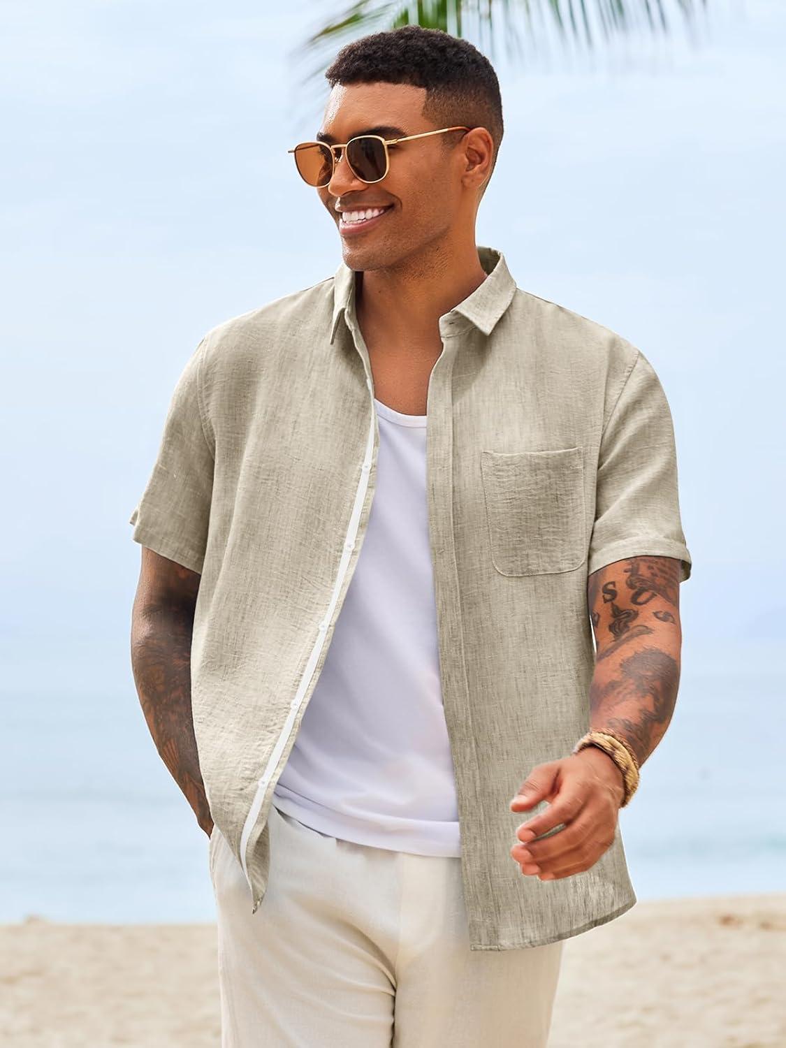 imageRuncati Mens Button Down Shirts Casual Short Sleeve Linen Shirt Summer Beach Wedding Tops with PocketKhaki