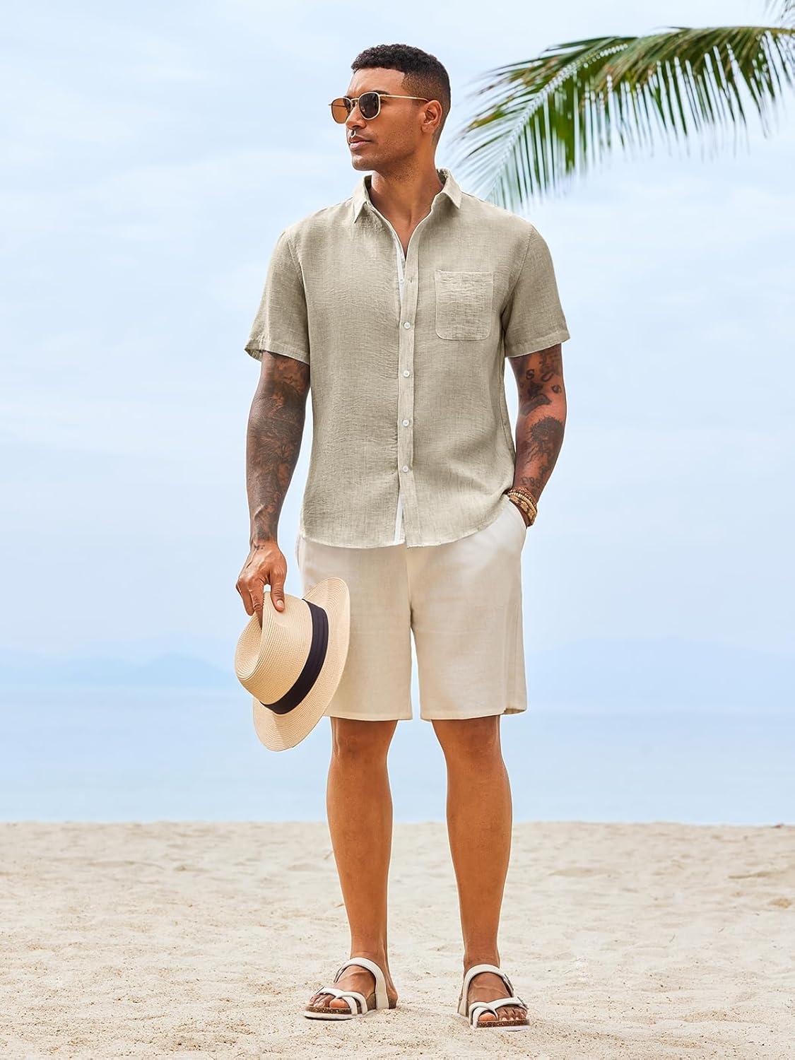 imageRuncati Mens Button Down Shirts Casual Short Sleeve Linen Shirt Summer Beach Wedding Tops with PocketKhaki