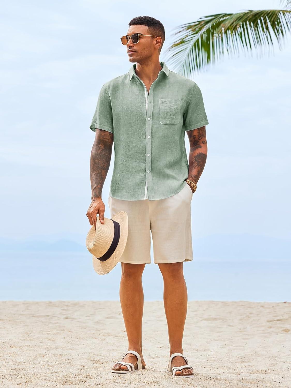 imageRuncati Mens Button Down Shirts Casual Short Sleeve Linen Shirt Summer Beach Wedding Tops with PocketOlive Green