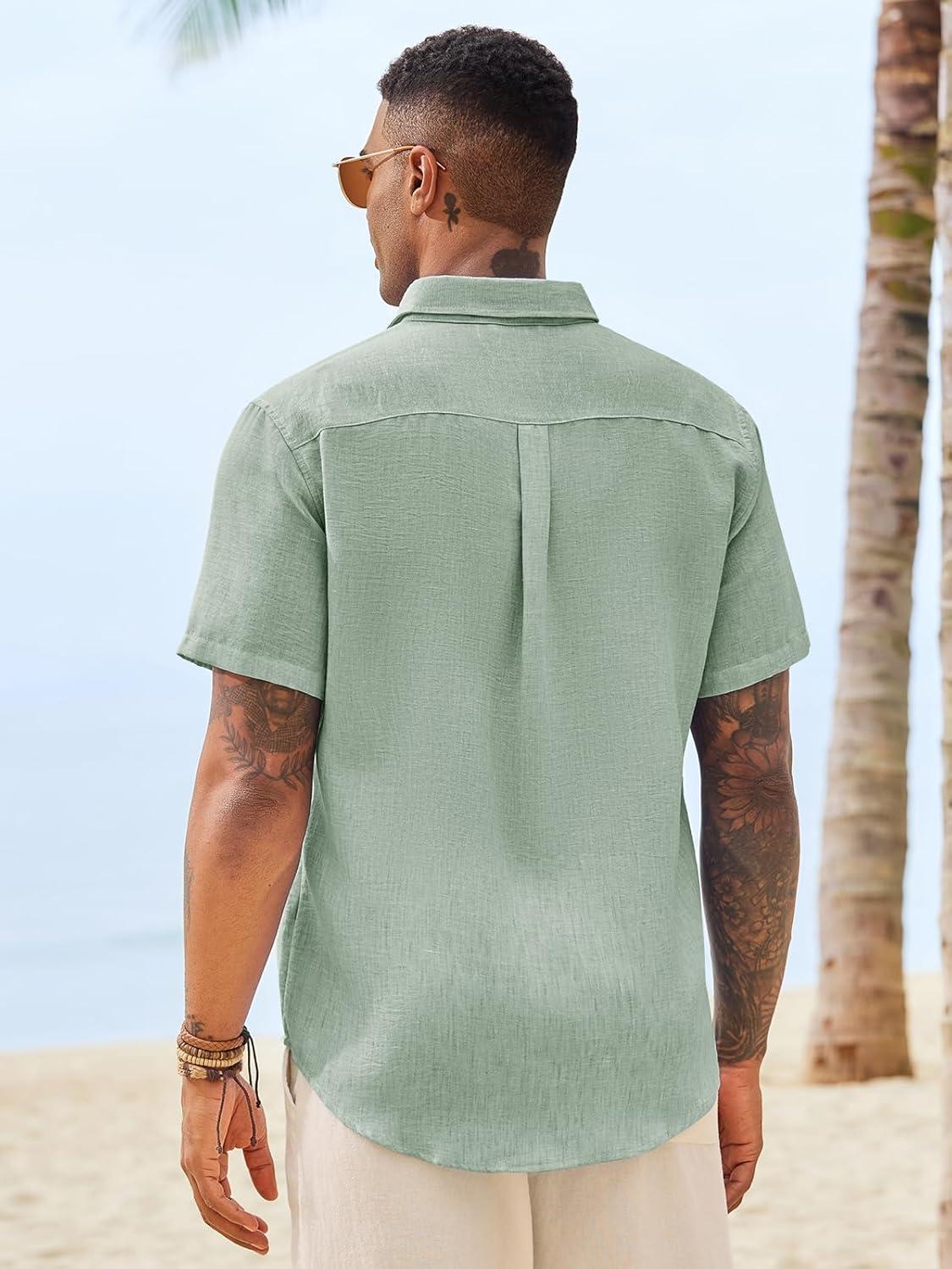 imageRuncati Mens Button Down Shirts Casual Short Sleeve Linen Shirt Summer Beach Wedding Tops with PocketOlive Green