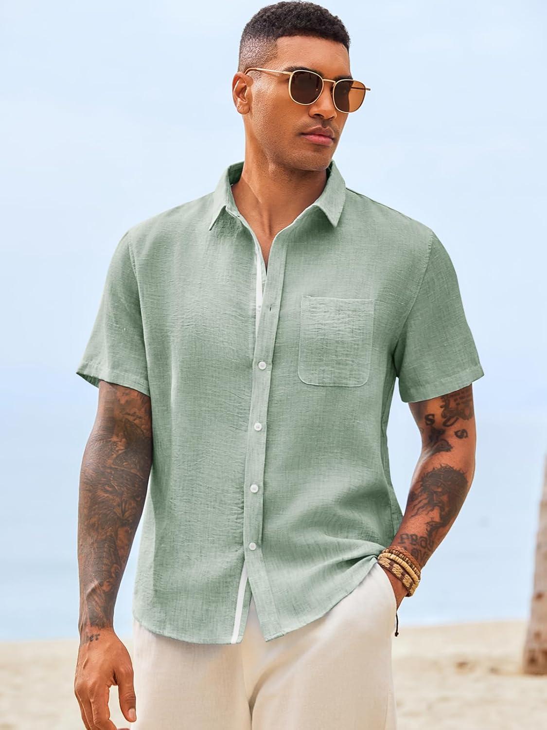 imageRuncati Mens Button Down Shirts Casual Short Sleeve Linen Shirt Summer Beach Wedding Tops with PocketOlive Green