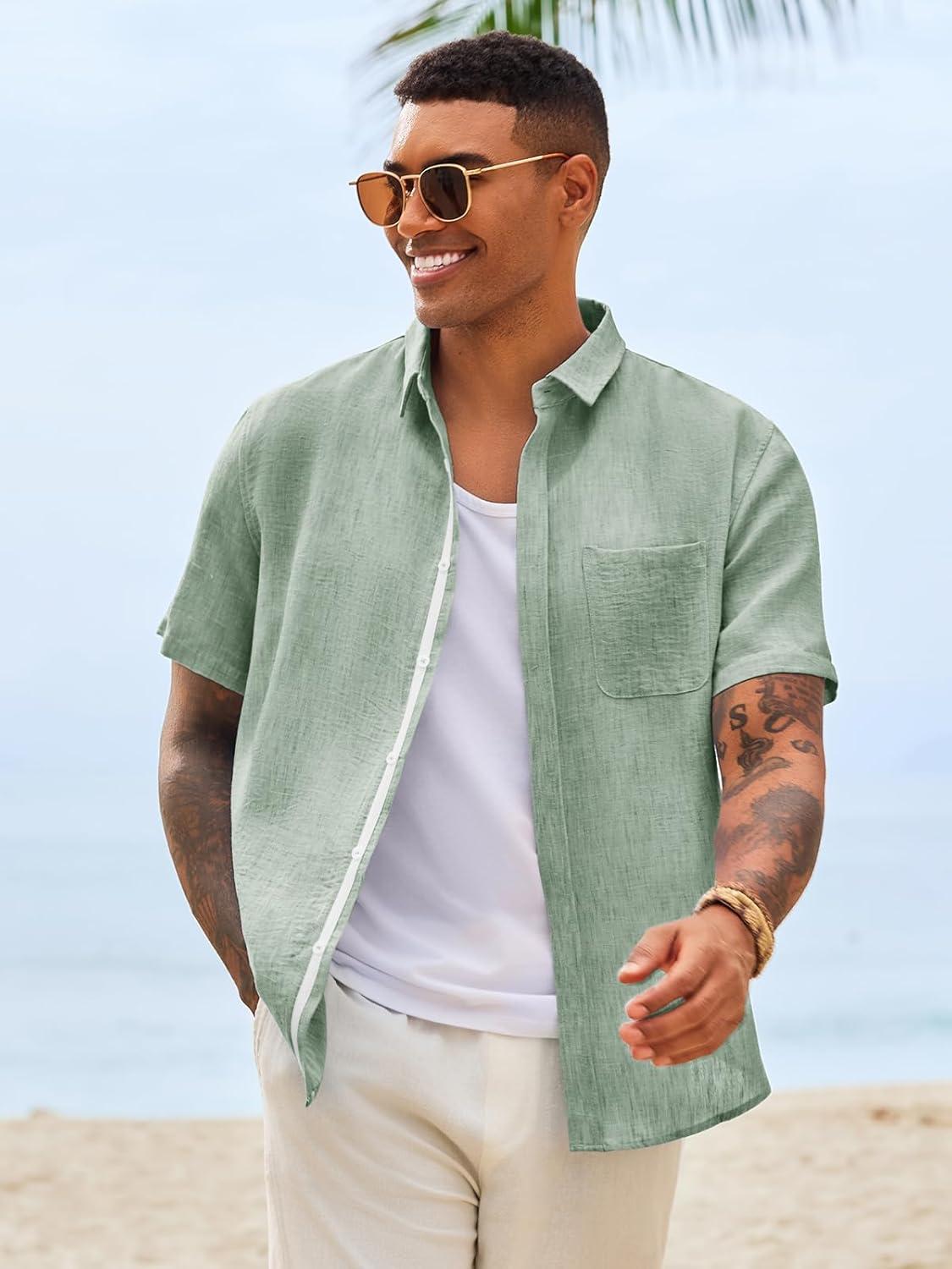 imageRuncati Mens Button Down Shirts Casual Short Sleeve Linen Shirt Summer Beach Wedding Tops with PocketOlive Green