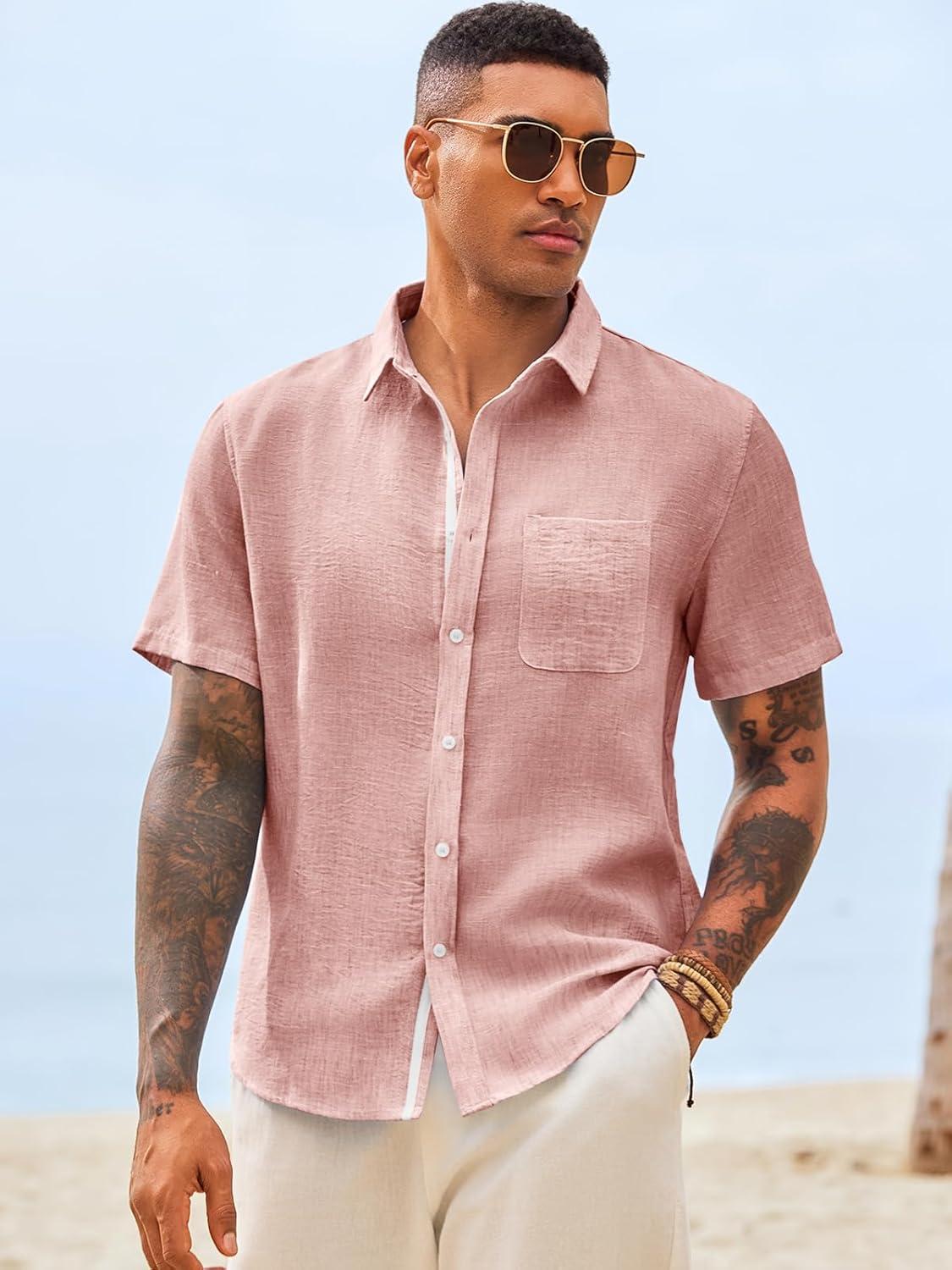 imageRuncati Mens Button Down Shirts Casual Short Sleeve Linen Shirt Summer Beach Wedding Tops with PocketPink