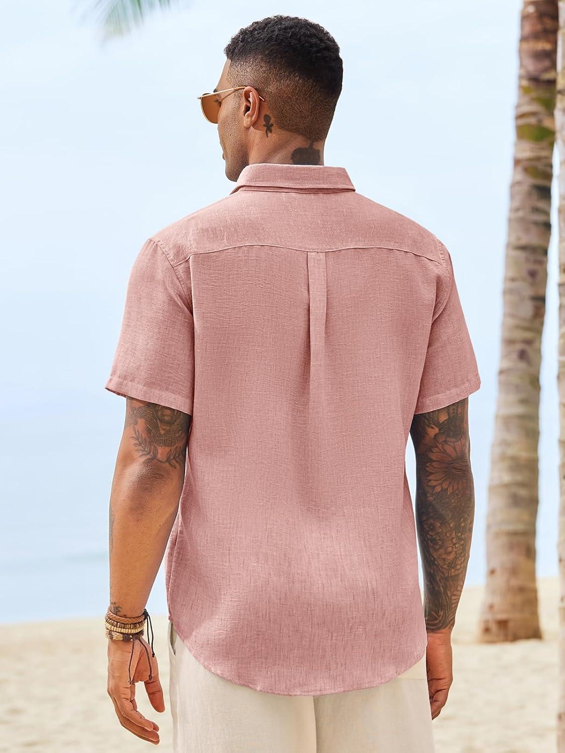 imageRuncati Mens Button Down Shirts Casual Short Sleeve Linen Shirt Summer Beach Wedding Tops with PocketPink
