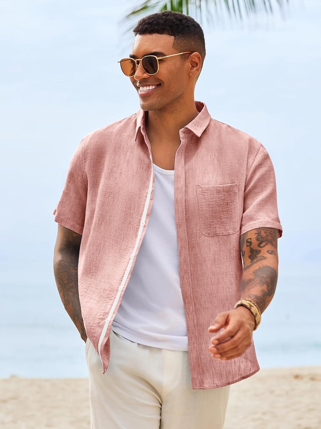 imageRuncati Mens Button Down Shirts Casual Short Sleeve Linen Shirt Summer Beach Wedding Tops with PocketPink