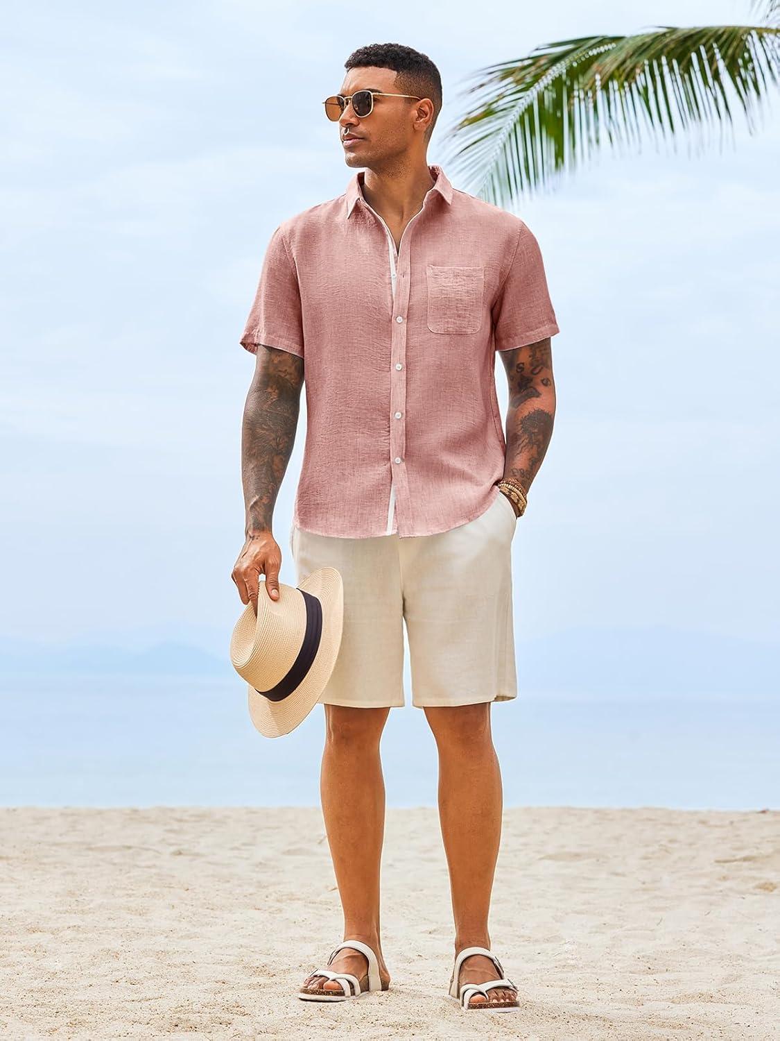 imageRuncati Mens Button Down Shirts Casual Short Sleeve Linen Shirt Summer Beach Wedding Tops with PocketPink