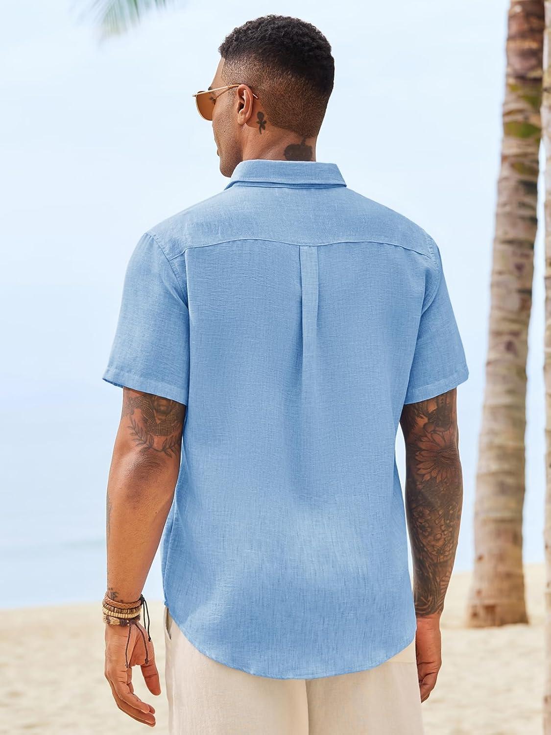 imageRuncati Mens Button Down Shirts Casual Short Sleeve Linen Shirt Summer Beach Wedding Tops with PocketSky Blue
