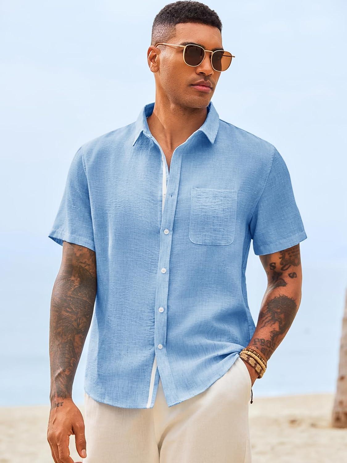 imageRuncati Mens Button Down Shirts Casual Short Sleeve Linen Shirt Summer Beach Wedding Tops with PocketSky Blue