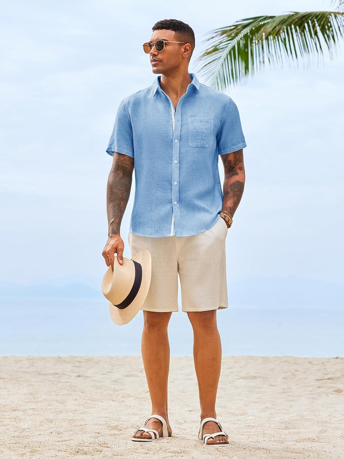 imageRuncati Mens Button Down Shirts Casual Short Sleeve Linen Shirt Summer Beach Wedding Tops with PocketSky Blue