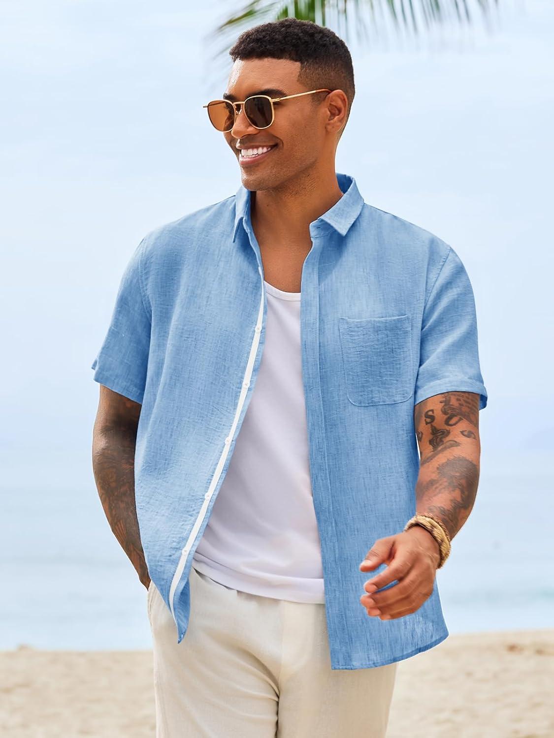 imageRuncati Mens Button Down Shirts Casual Short Sleeve Linen Shirt Summer Beach Wedding Tops with PocketSky Blue