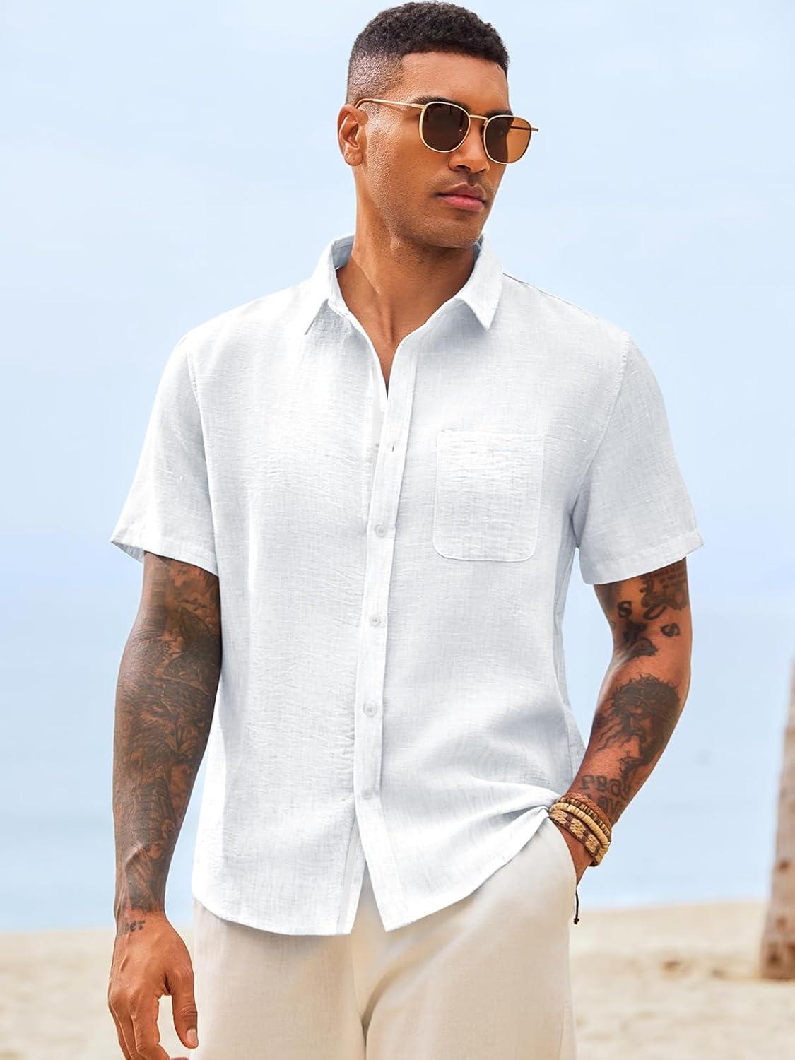 imageRuncati Mens Button Down Shirts Casual Short Sleeve Linen Shirt Summer Beach Wedding Tops with PocketWhite