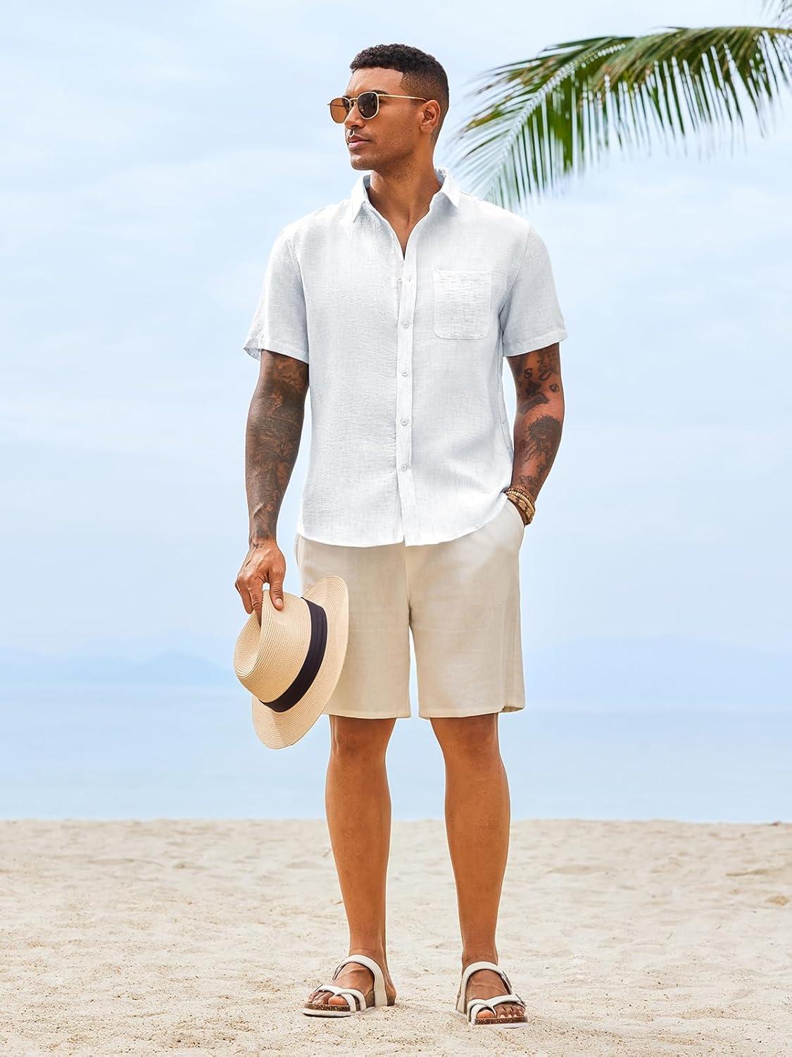 imageRuncati Mens Button Down Shirts Casual Short Sleeve Linen Shirt Summer Beach Wedding Tops with PocketWhite